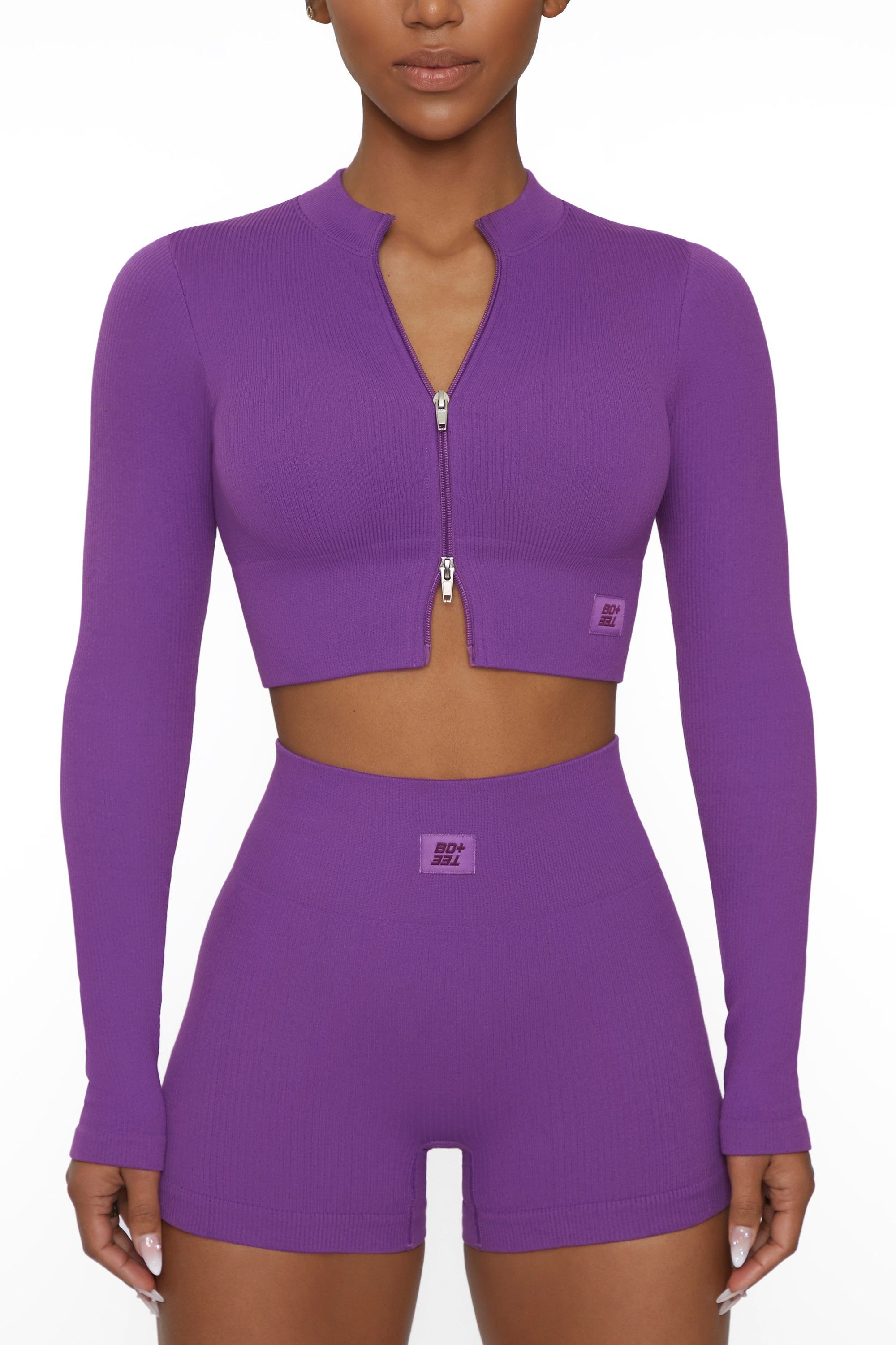 Long Sleeve Zip Crop Top in Purple