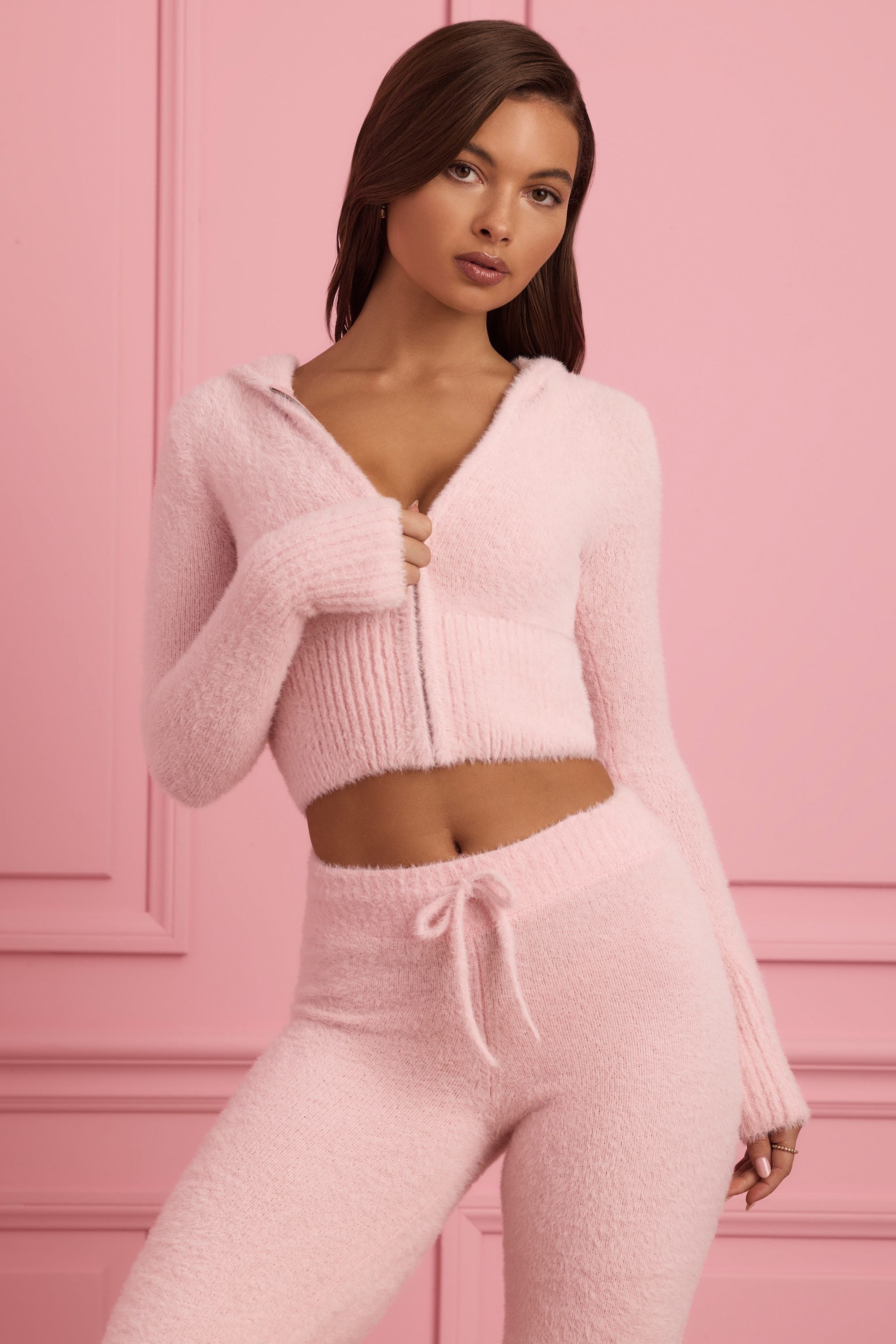 Fluffy Knit Zip-Up Hoodie in Baby Pink