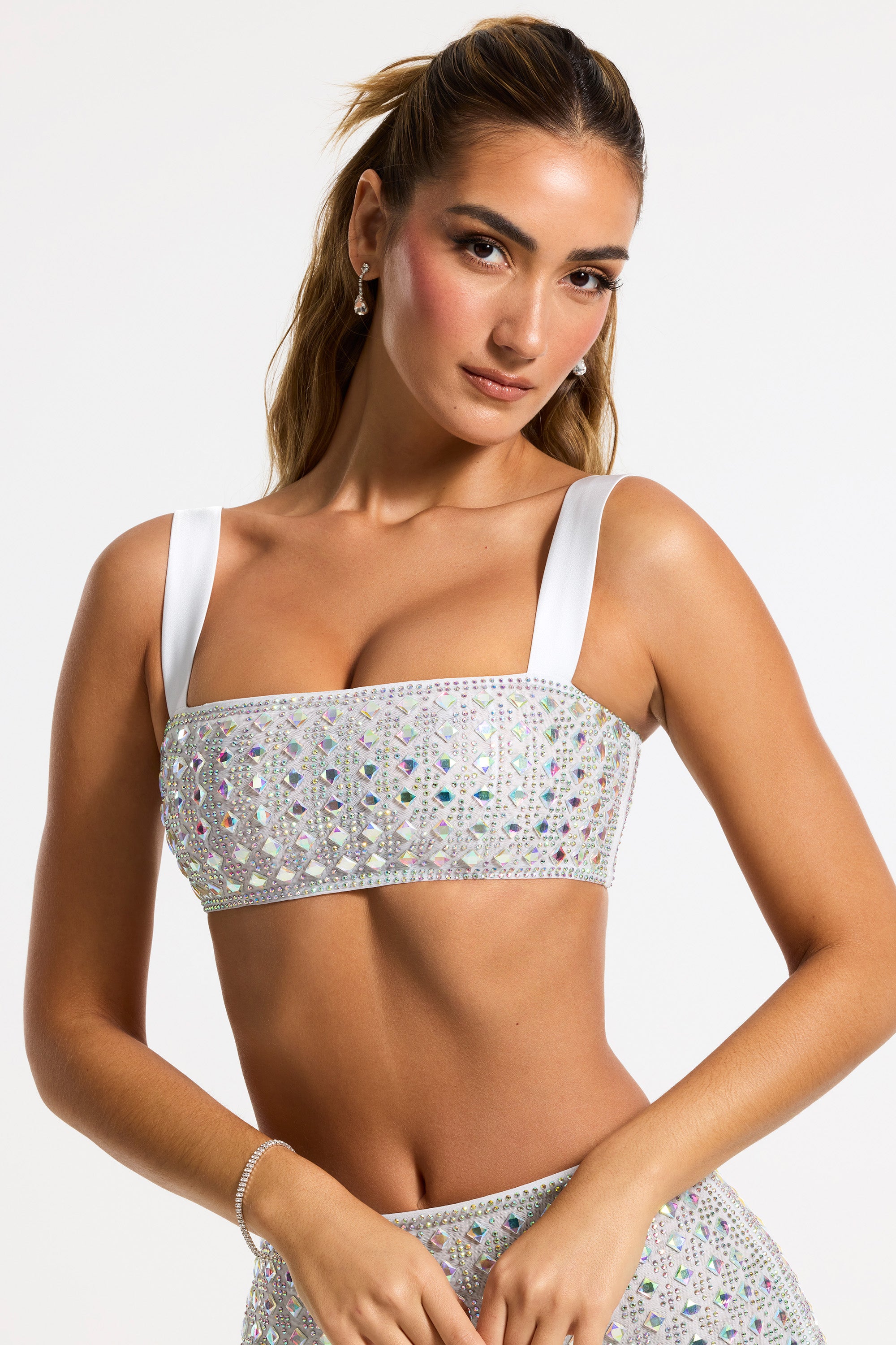 Embellished Square Neck Crop Top in Silver