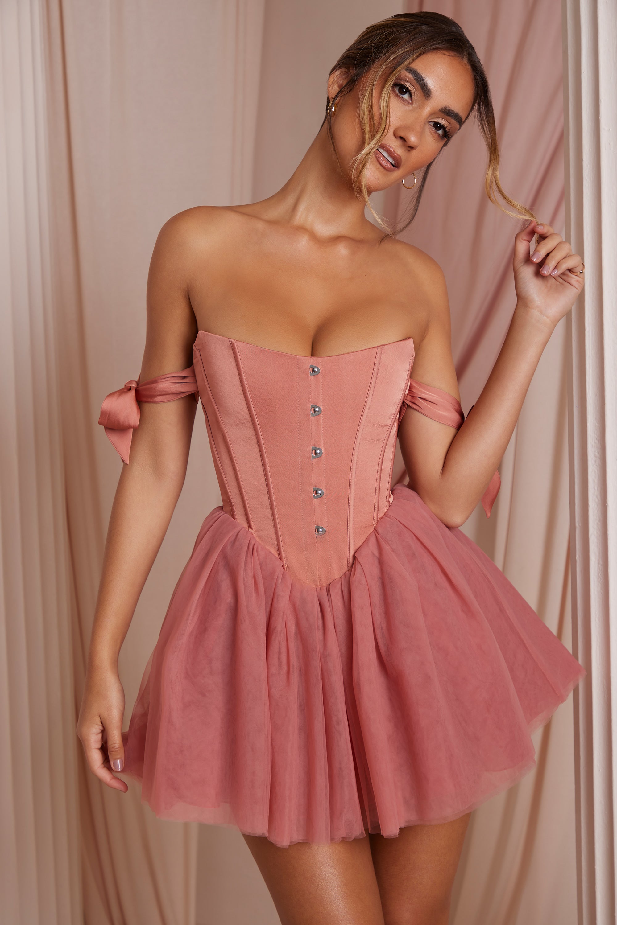 Off Shoulder Tulle Skirt Mini Dress in Terracotta