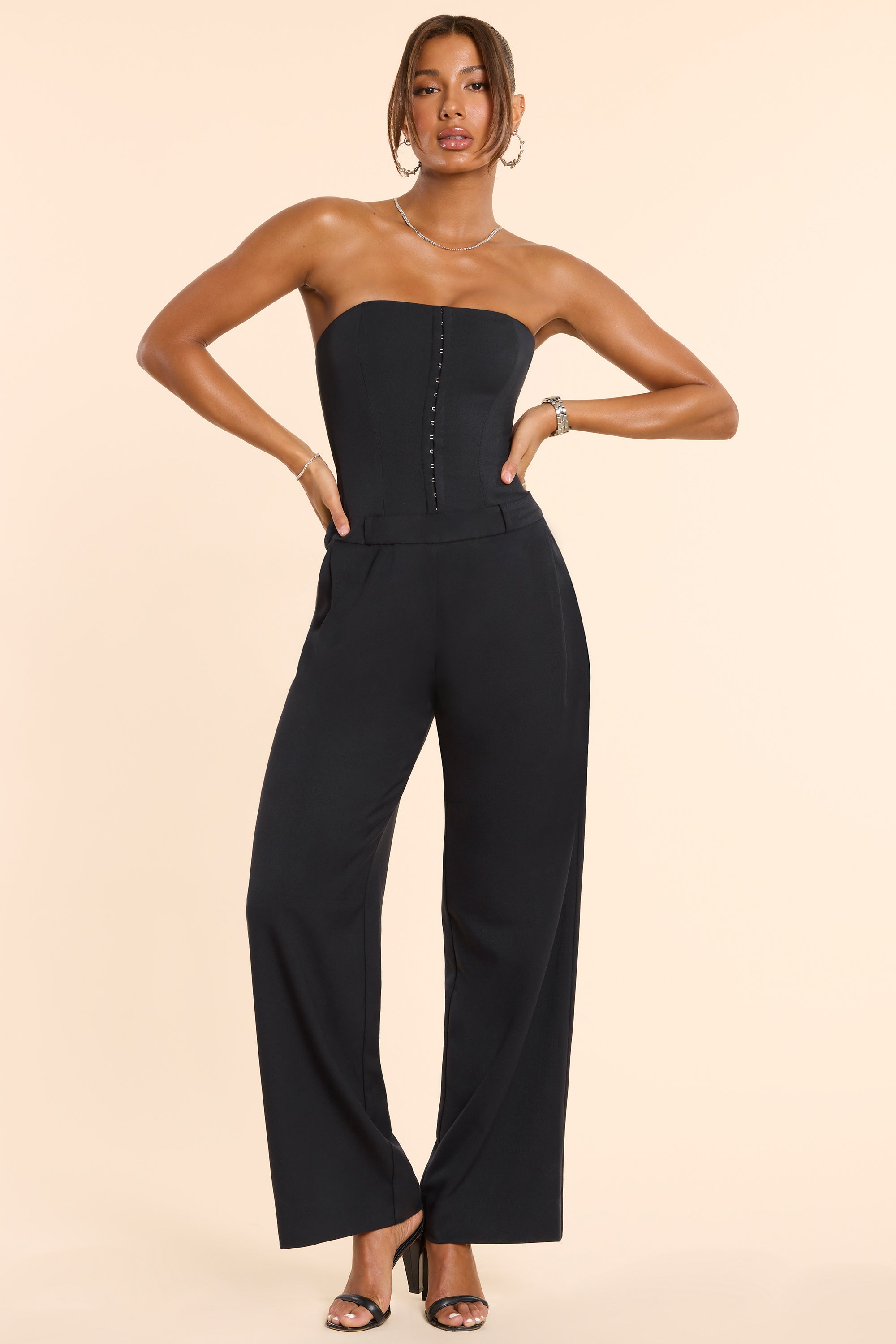 Petite Brushed Twill Bandeau Corset Jumpsuit in Black