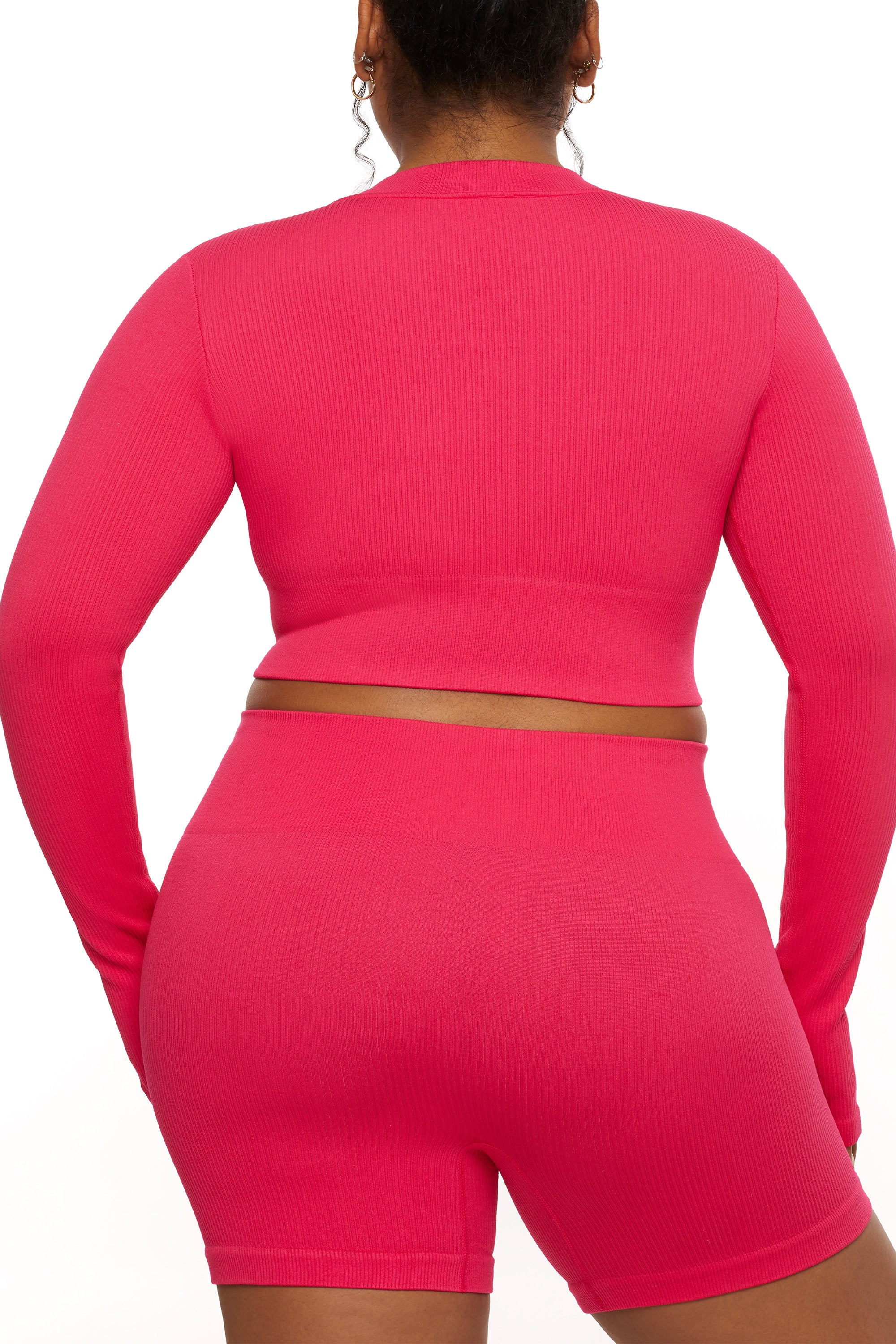 Long Sleeve Zip Crop Top in Hot Pink