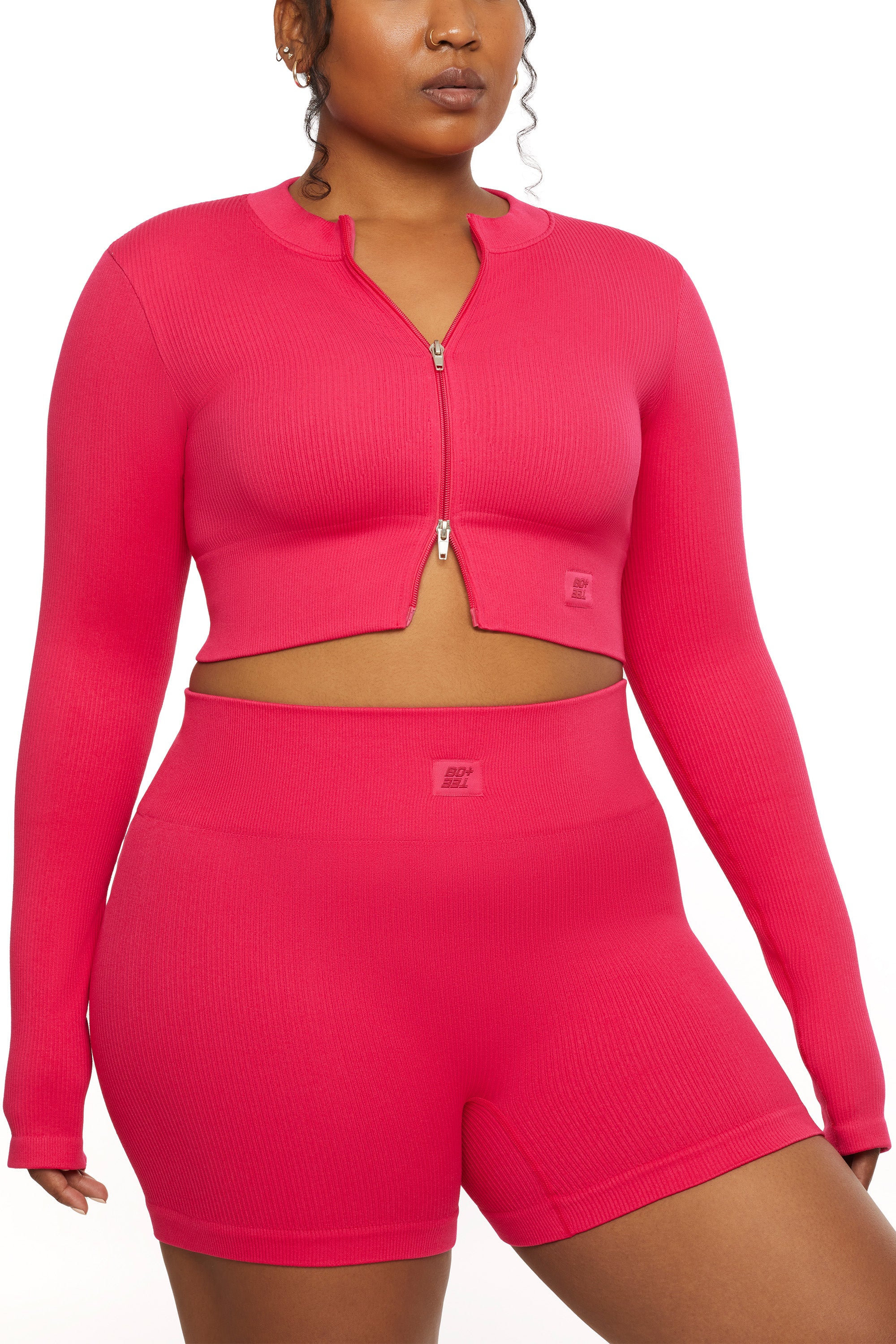 Long Sleeve Zip Crop Top in Hot Pink