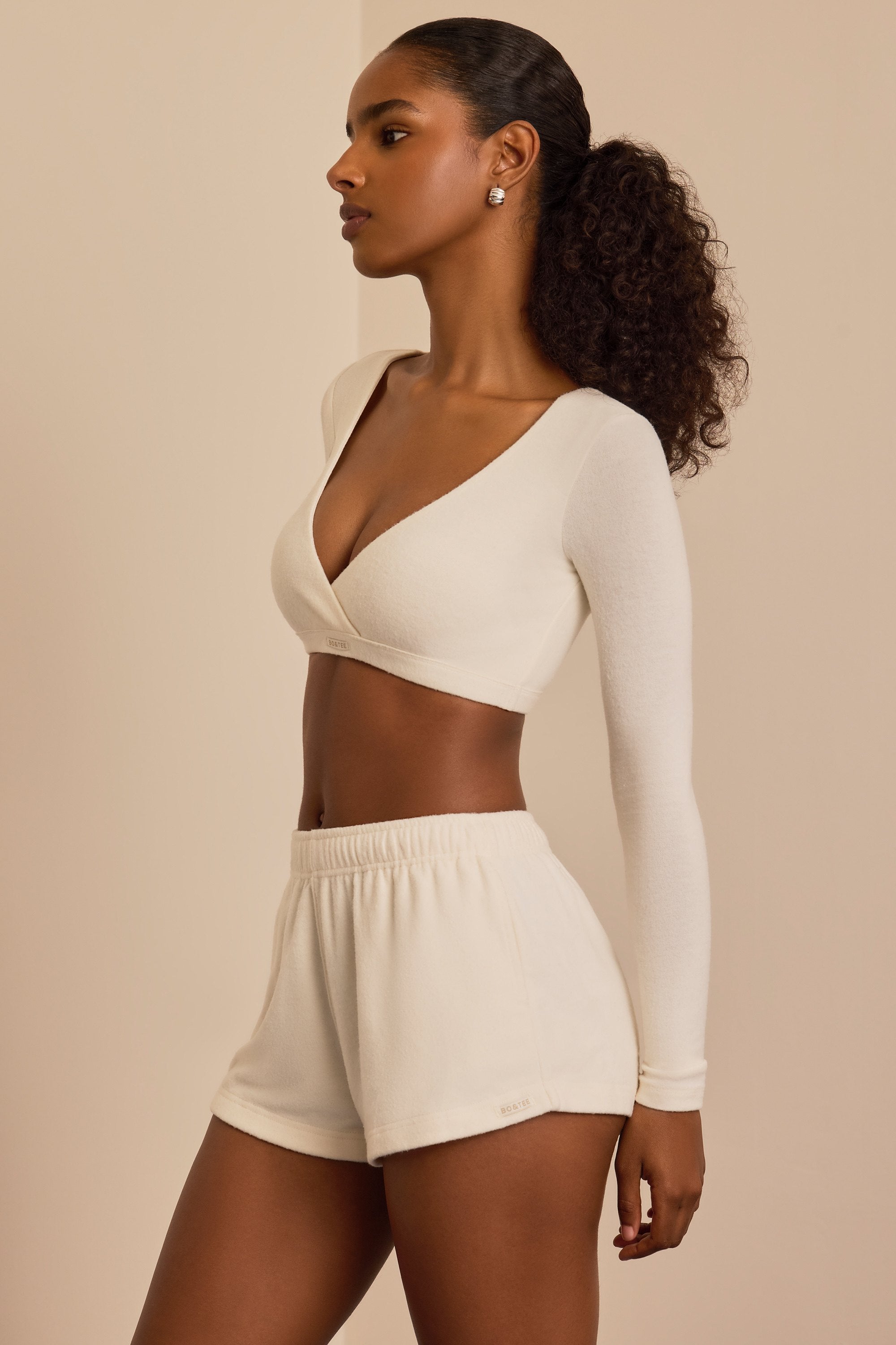 Brushed Jersey Wrap Crop Top in Ecru