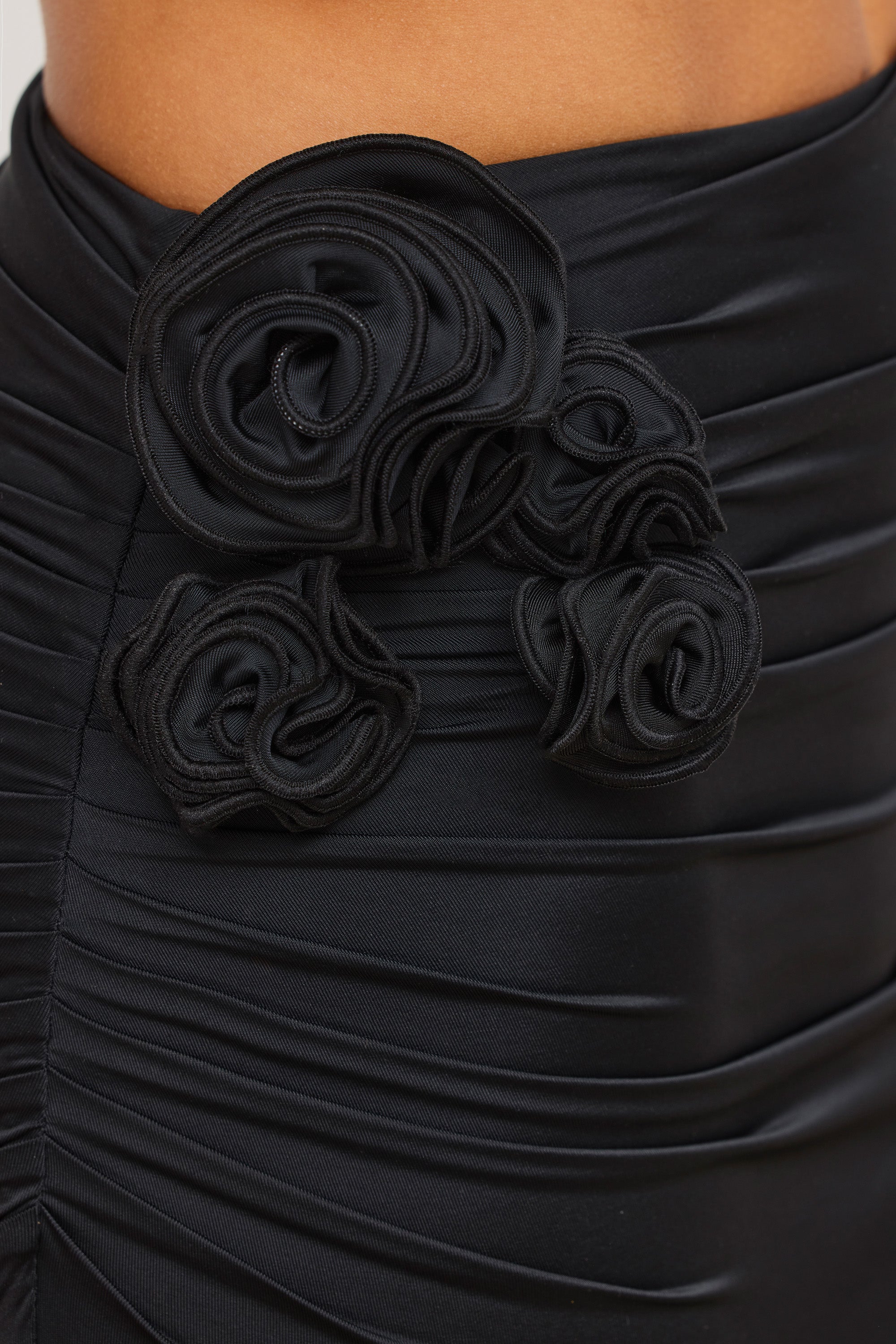 Slinky Jersey Rose Detail Mid-Rise Maxi Skirt in Black