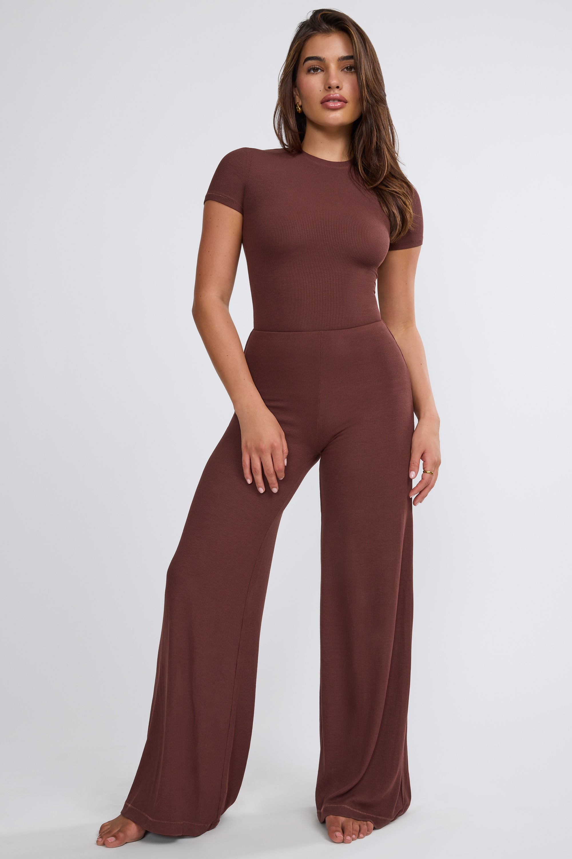 Mid Rise Wide Leg Trouser in Chocolate