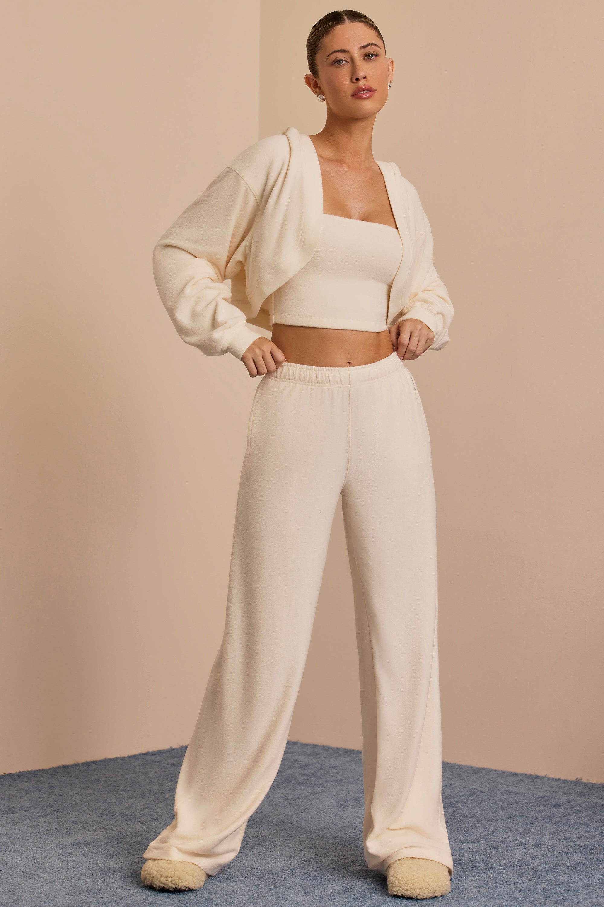 Petite Brushed Jersey Wide-Leg Joggers in Ecru