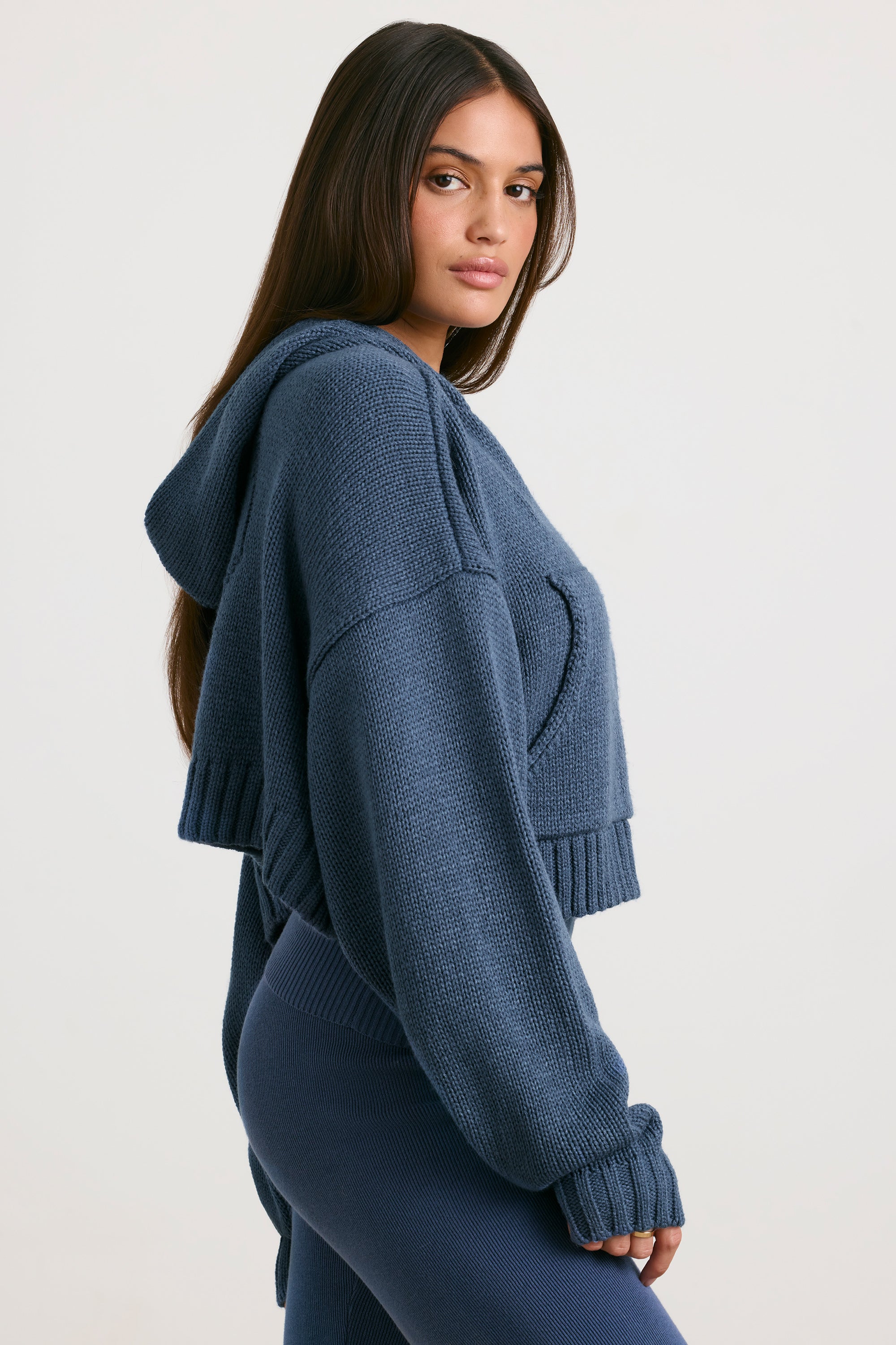 Cropped Zip Up Chunky Knit Hoodie in Washed Navy