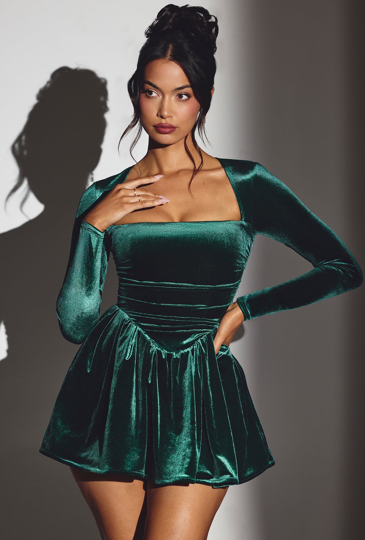 Velvet Long Sleeve Corset Mini Dress in Emerald Green