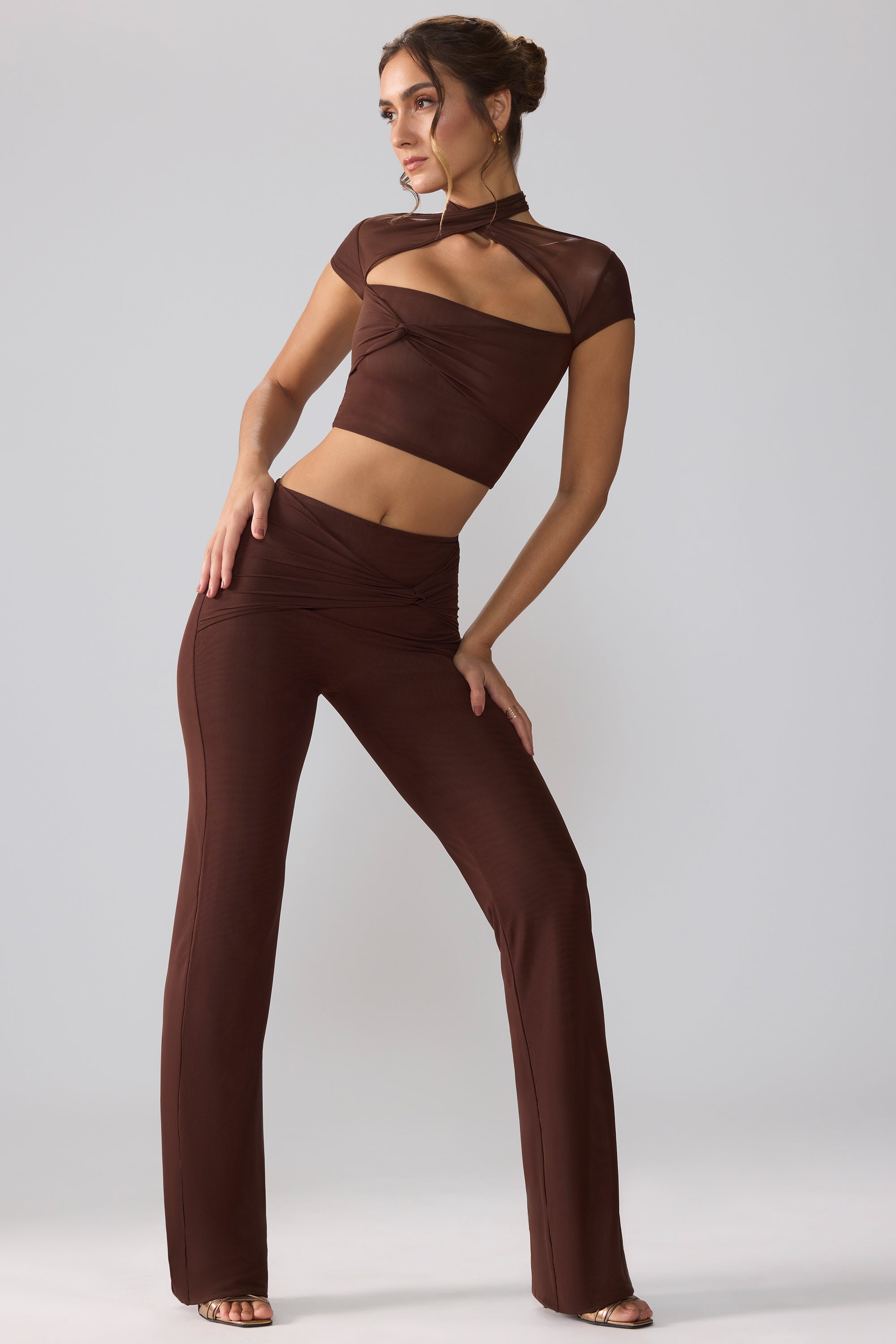 Petite Mesh Mid Rise Twist Overlay Flare Trousers in Espresso