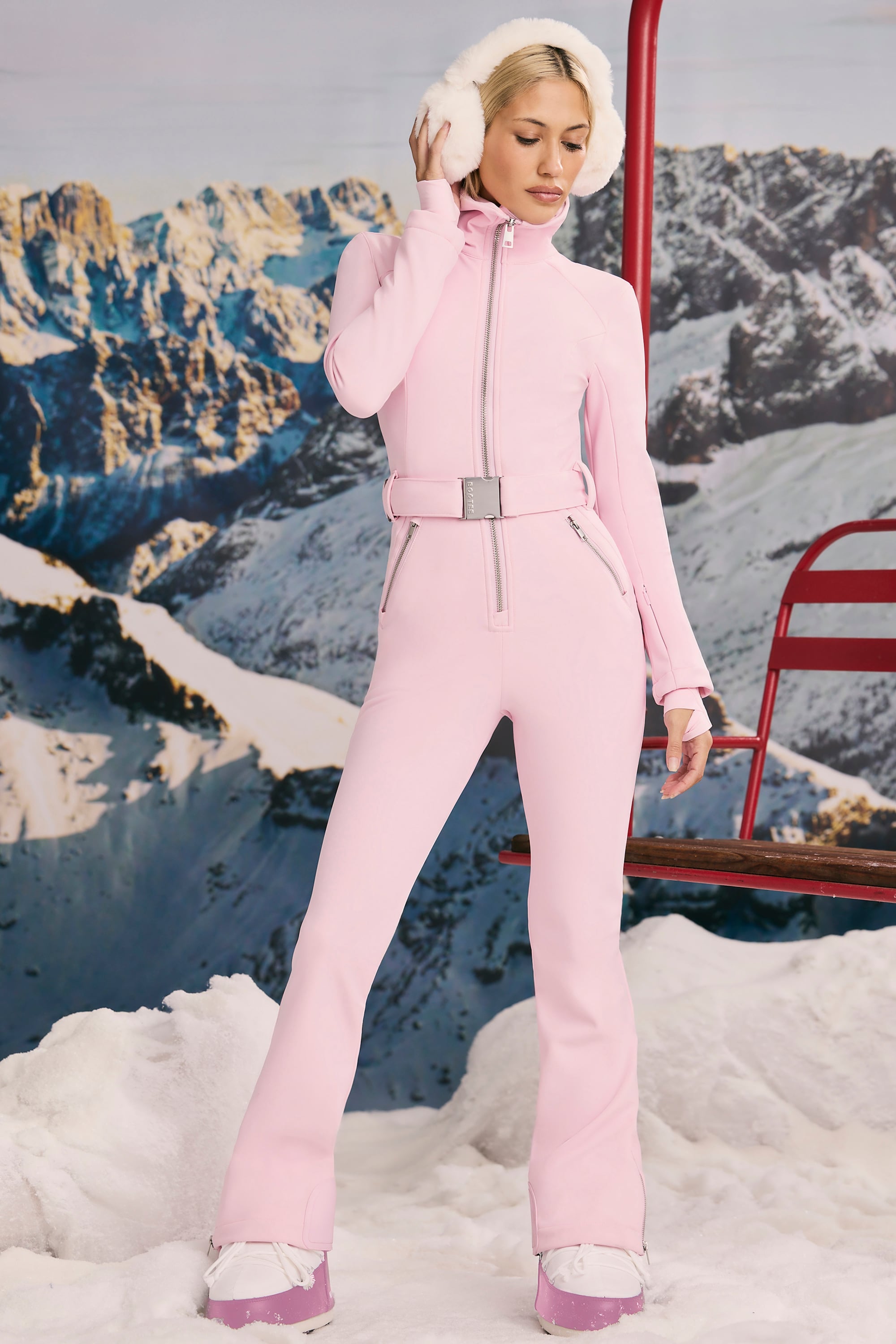 Fleece-Lined Belted Ski Suit in Pastel Pink