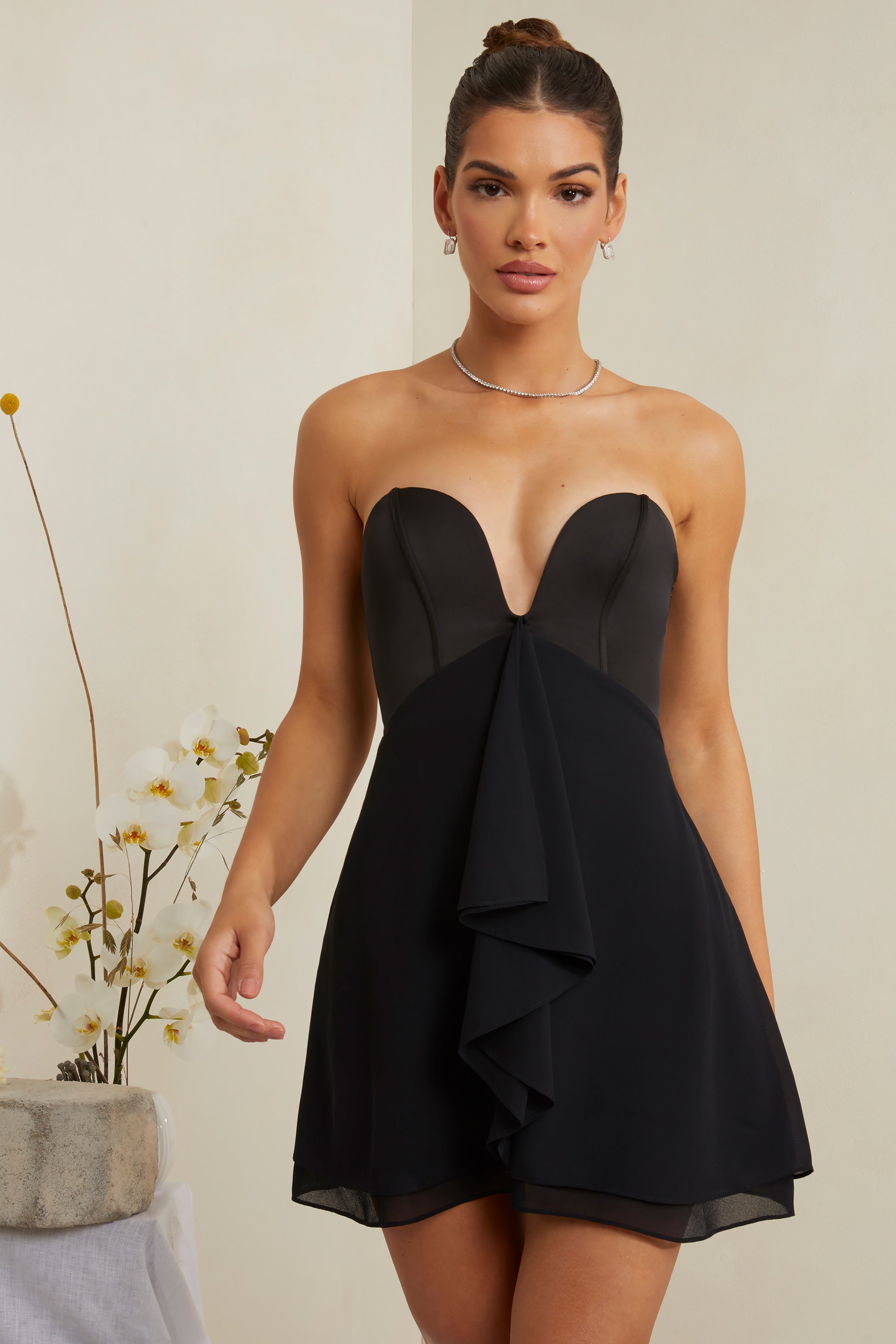 Strapless Plunge Neck Corset Mini Dress in Black