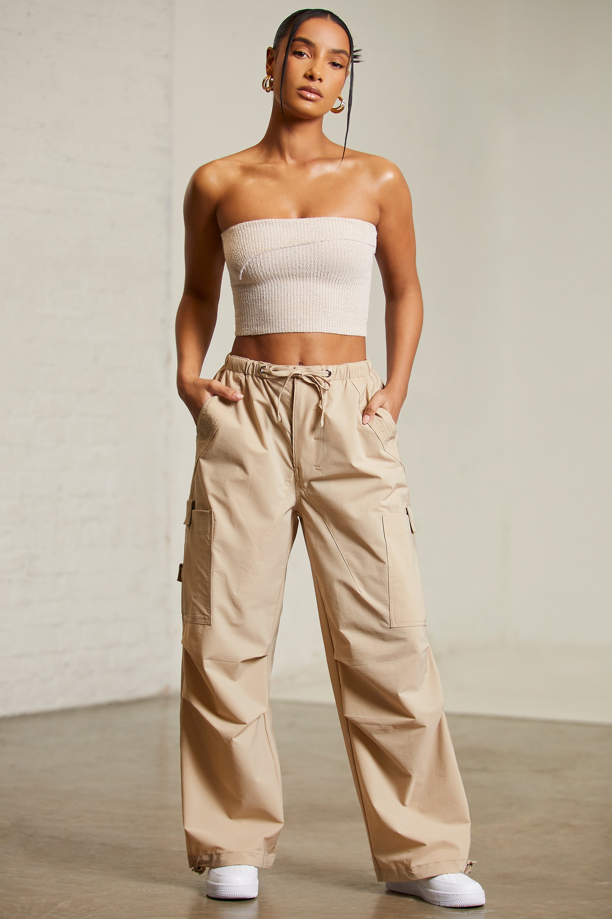 Tall Wide Leg Cargo Trousers in Beige