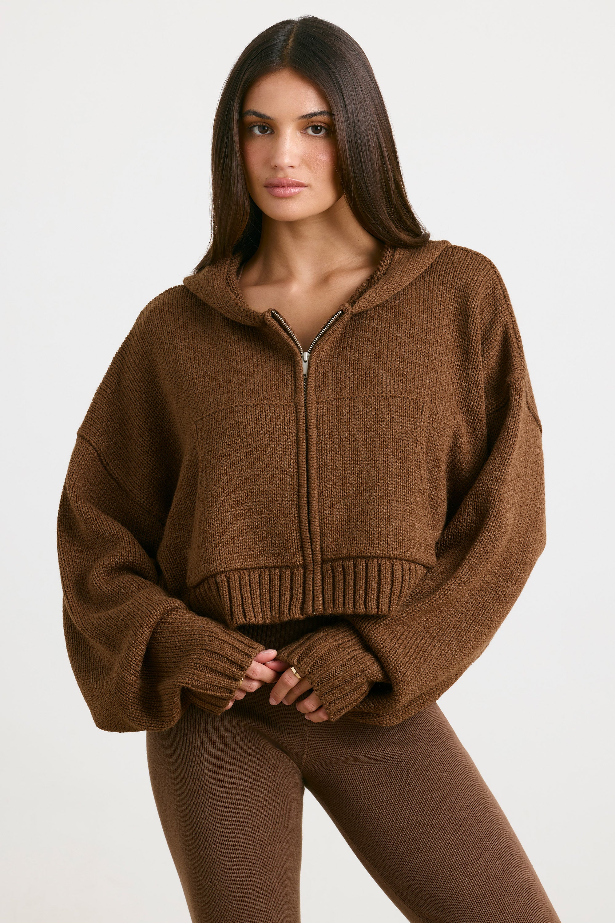 Cropped Zip Up Chunky Knit Hoodie in Espresso