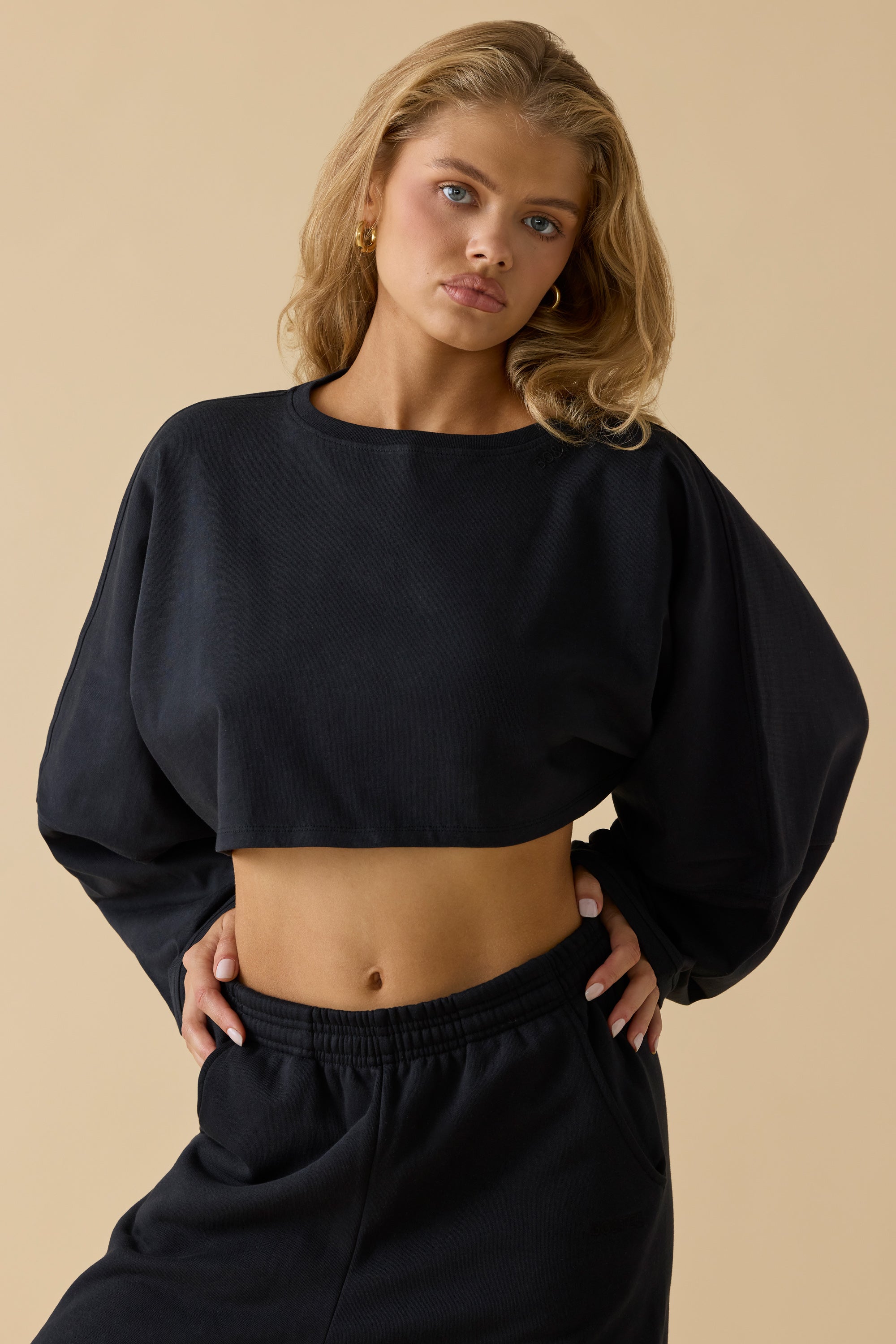 Oversized Long Sleeve Crop Top in Black