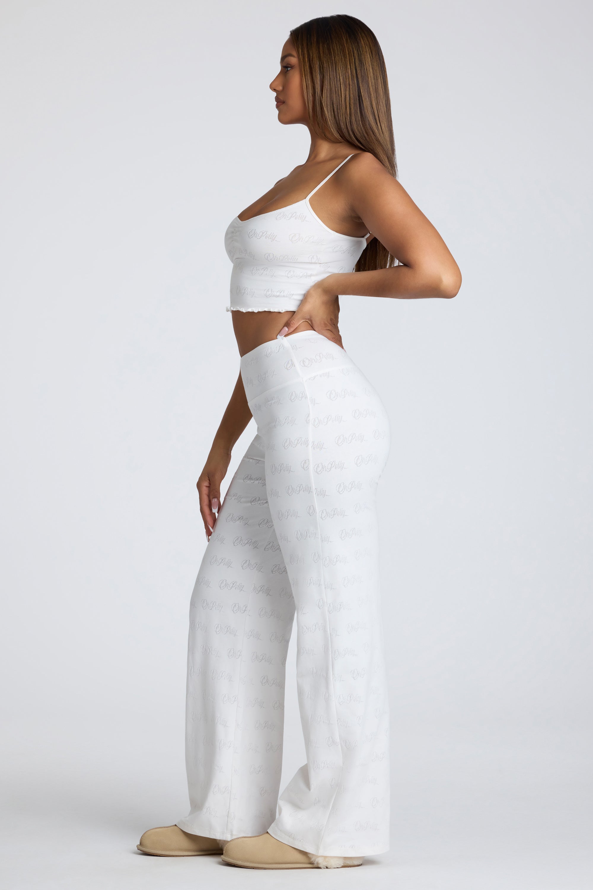 Petite Mid Rise Straight Leg Pointelle Trousers in White