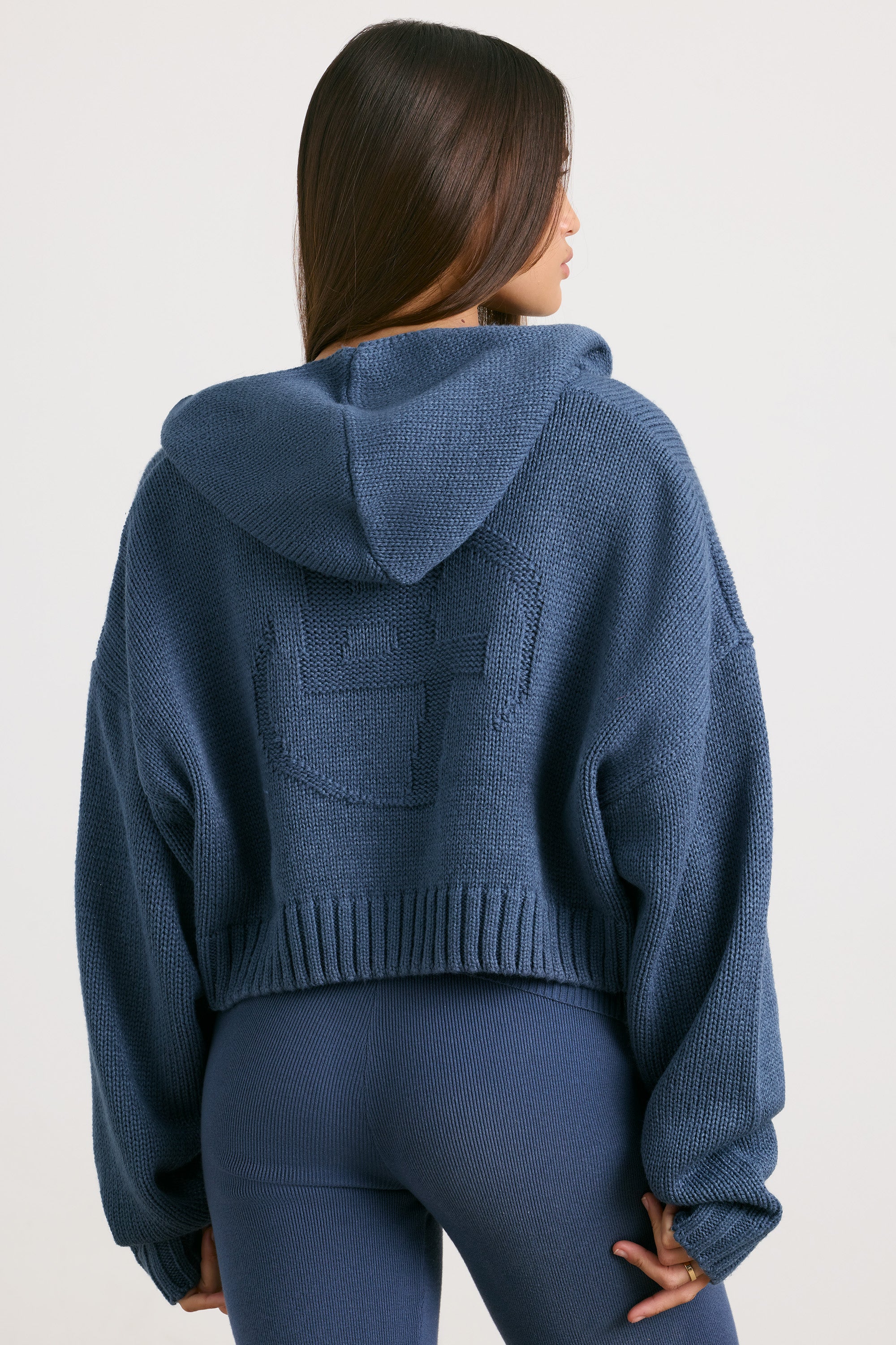 Cropped Zip Up Chunky Knit Hoodie in Washed Navy