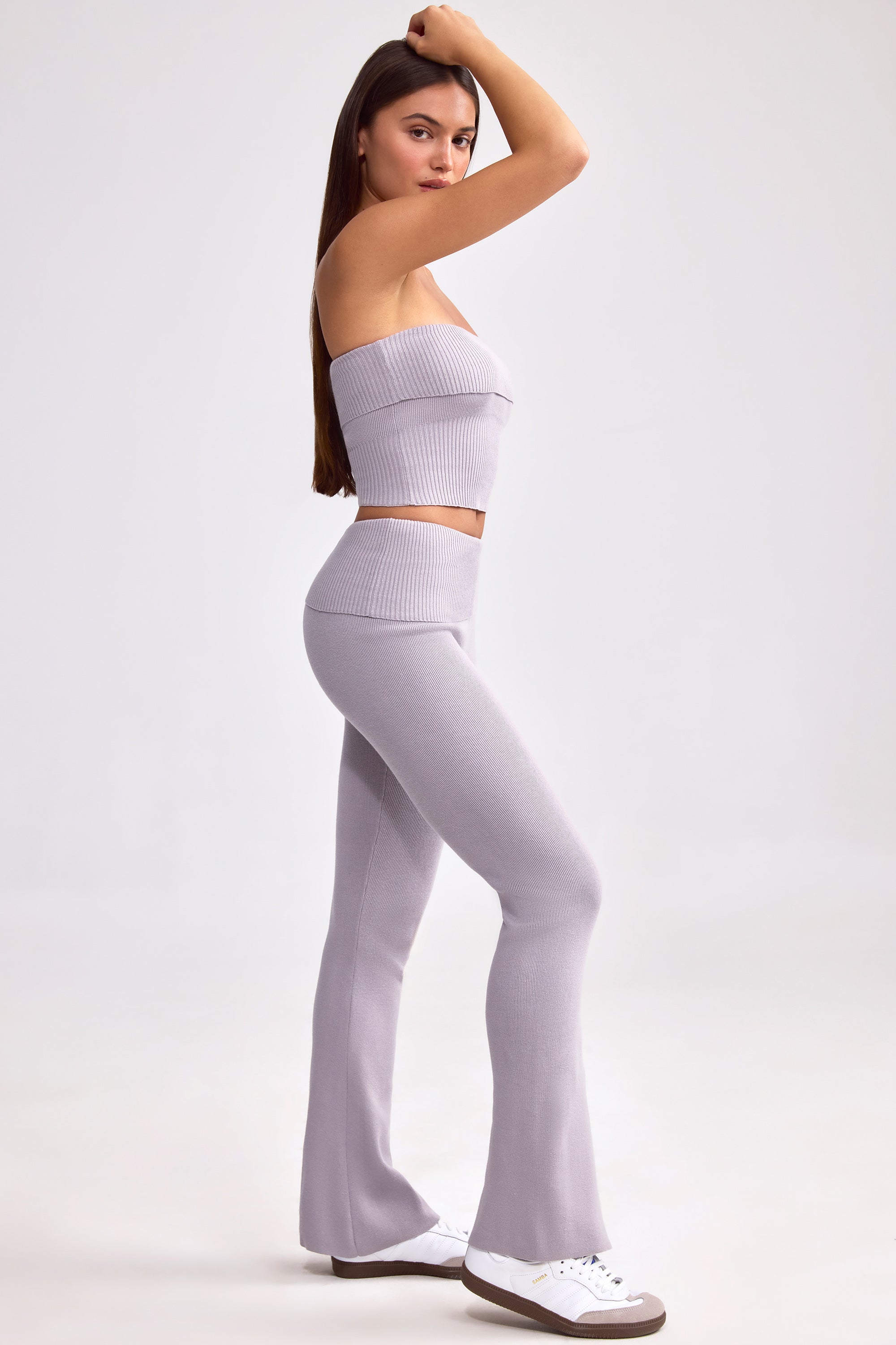 Petite Fold Over Kick Flare Chunky Knit Trousers in Dusty Lavender