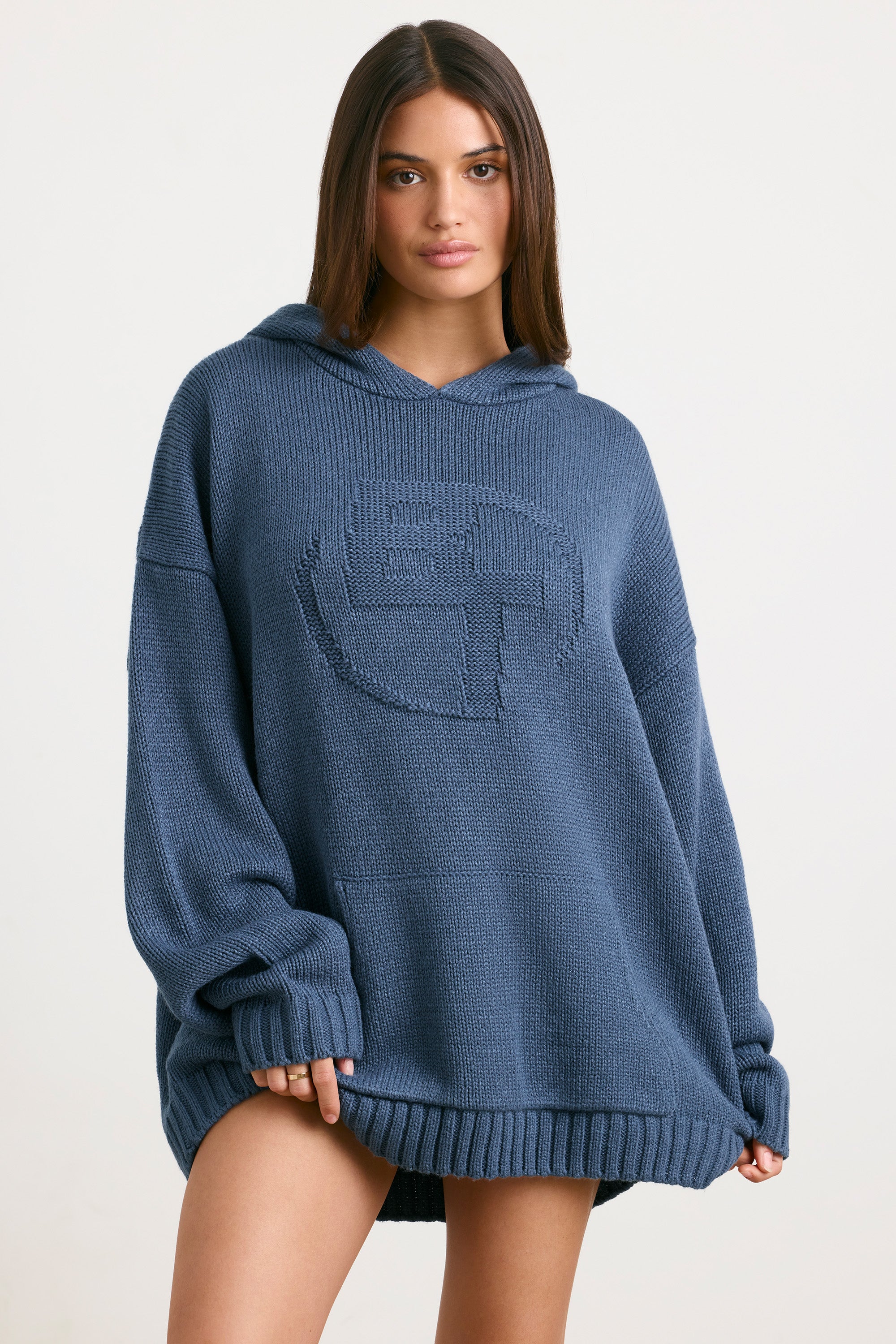 Oversized Chunky Knit Hoodie in Washed Navy