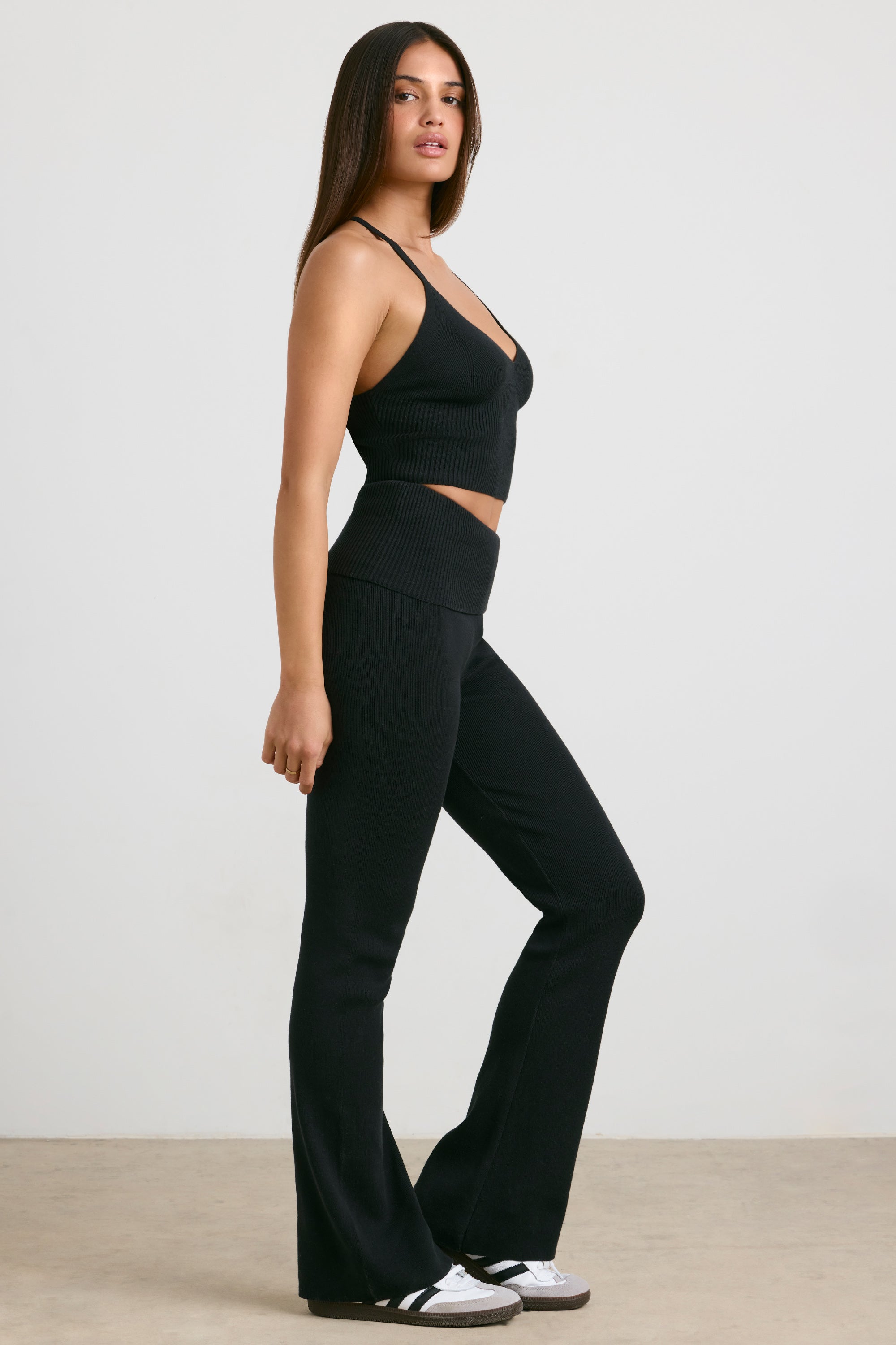 Chunky Knit Kick Flare Trousers in Black