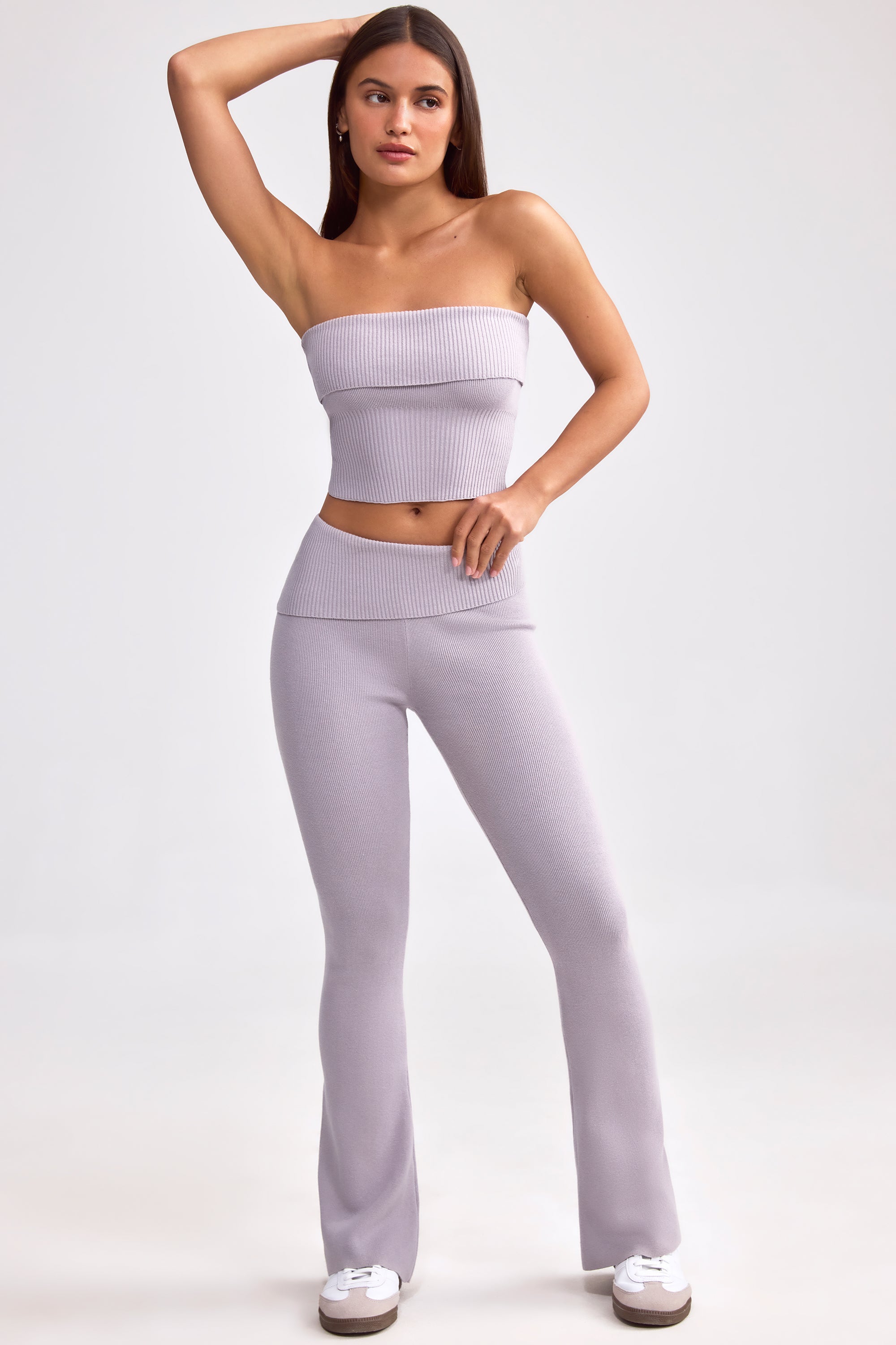 Petite Fold Over Kick Flare Chunky Knit Trousers in Dusty Lavender