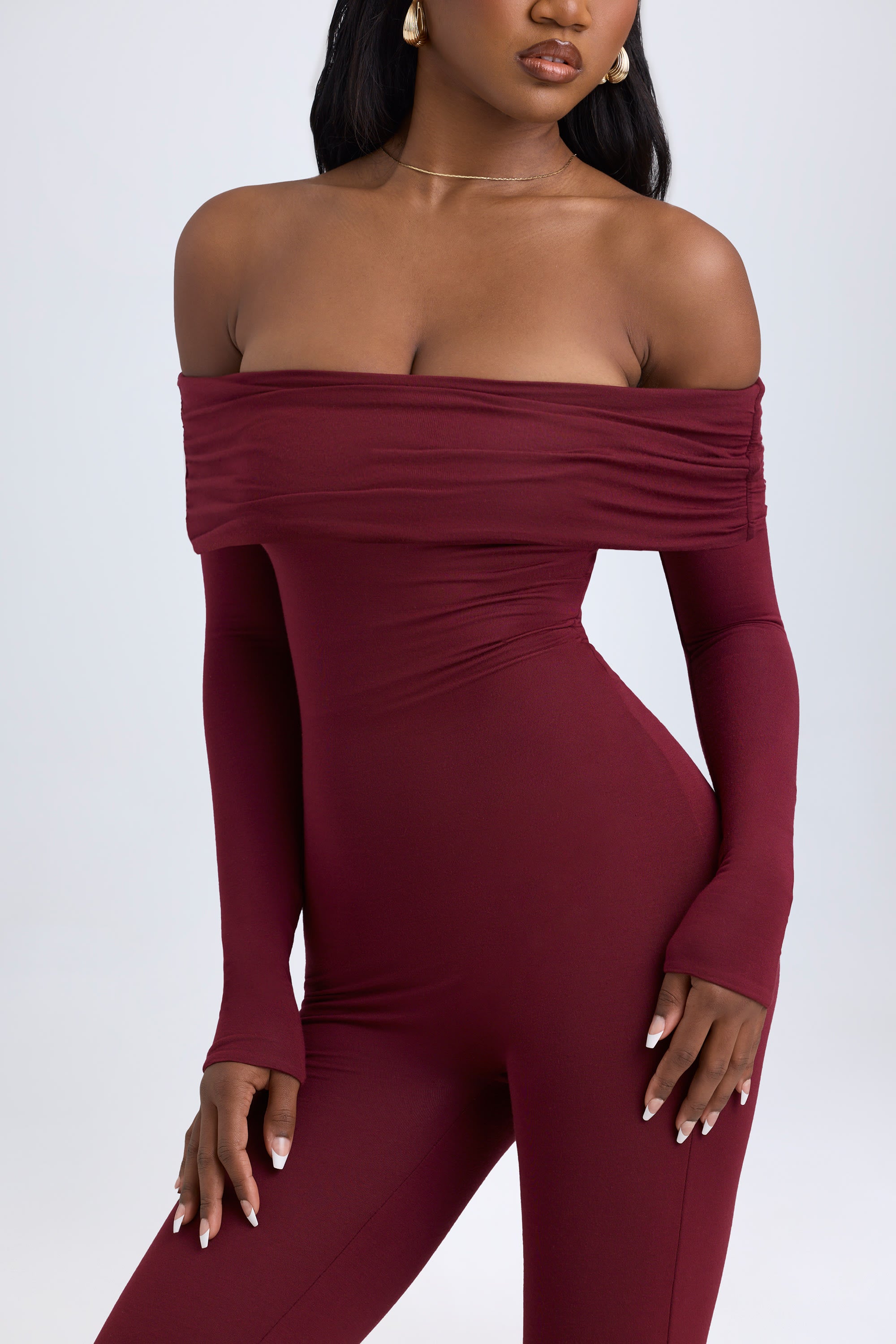 Tall Modal Off-Shoulder Ruched Jumpsuit in Wine Red