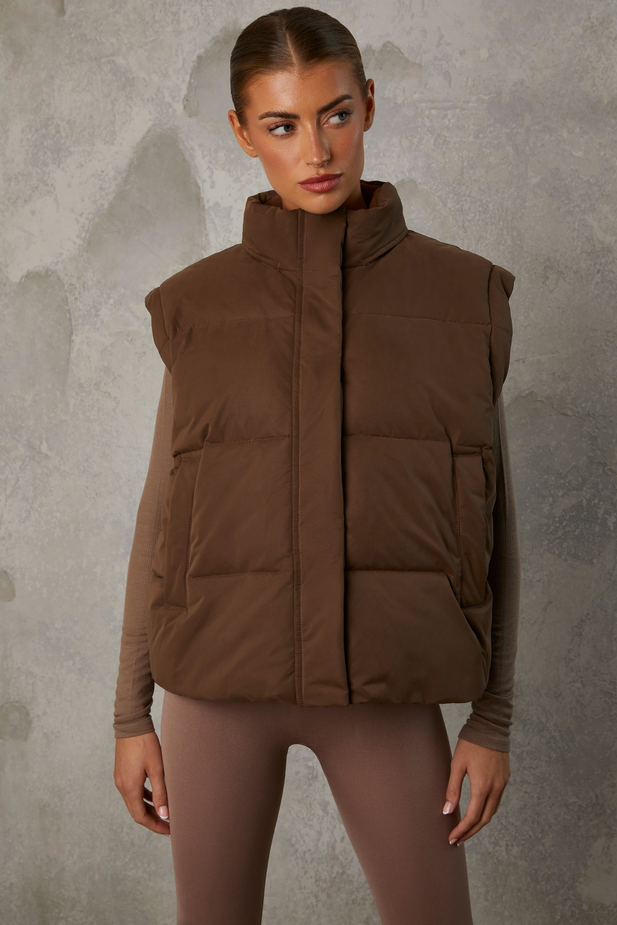 Cropped Puffer Jacket with Detachable Sleeves in Cocoa Brown