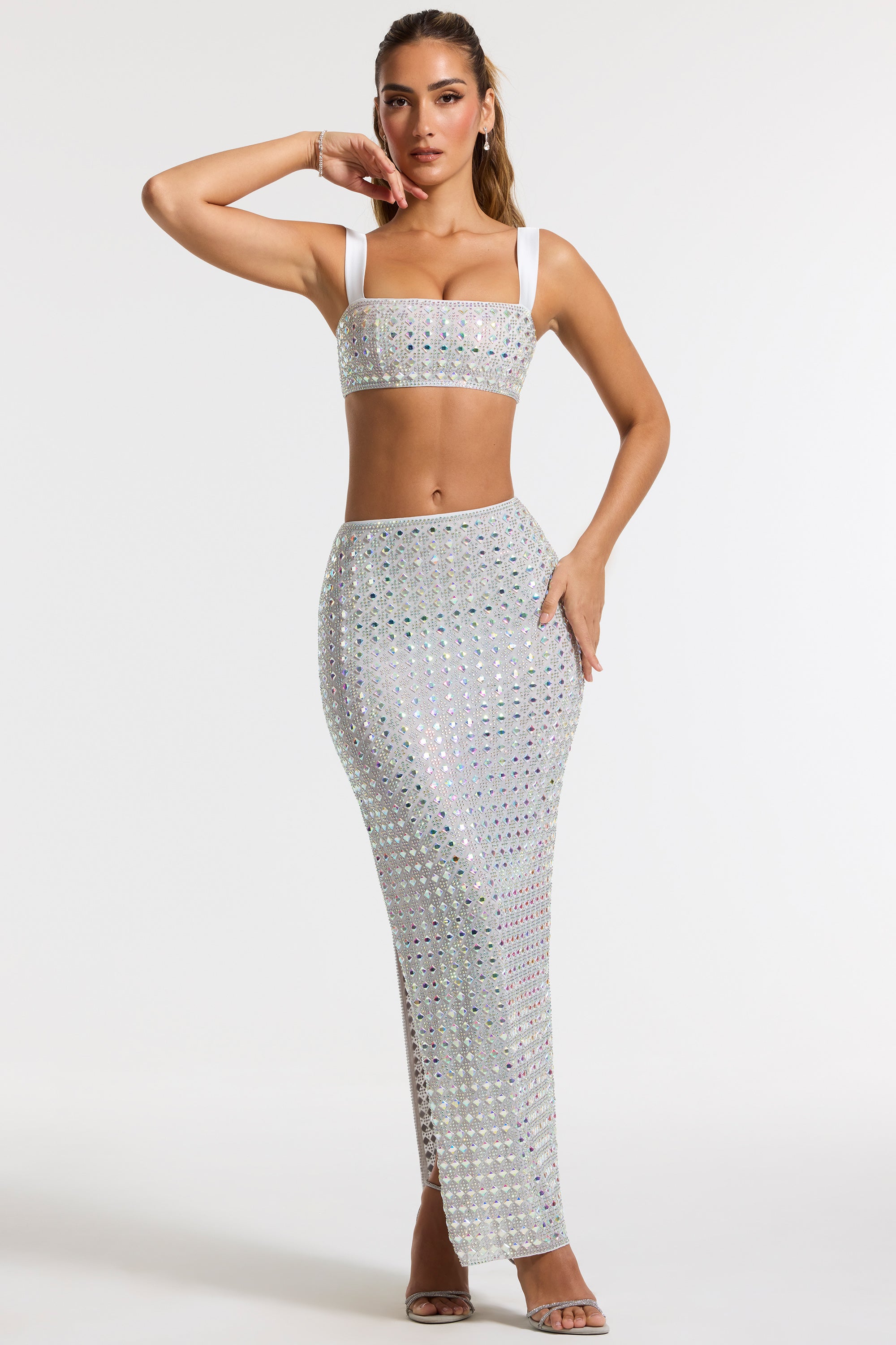 Embellished Square Neck Crop Top in Silver