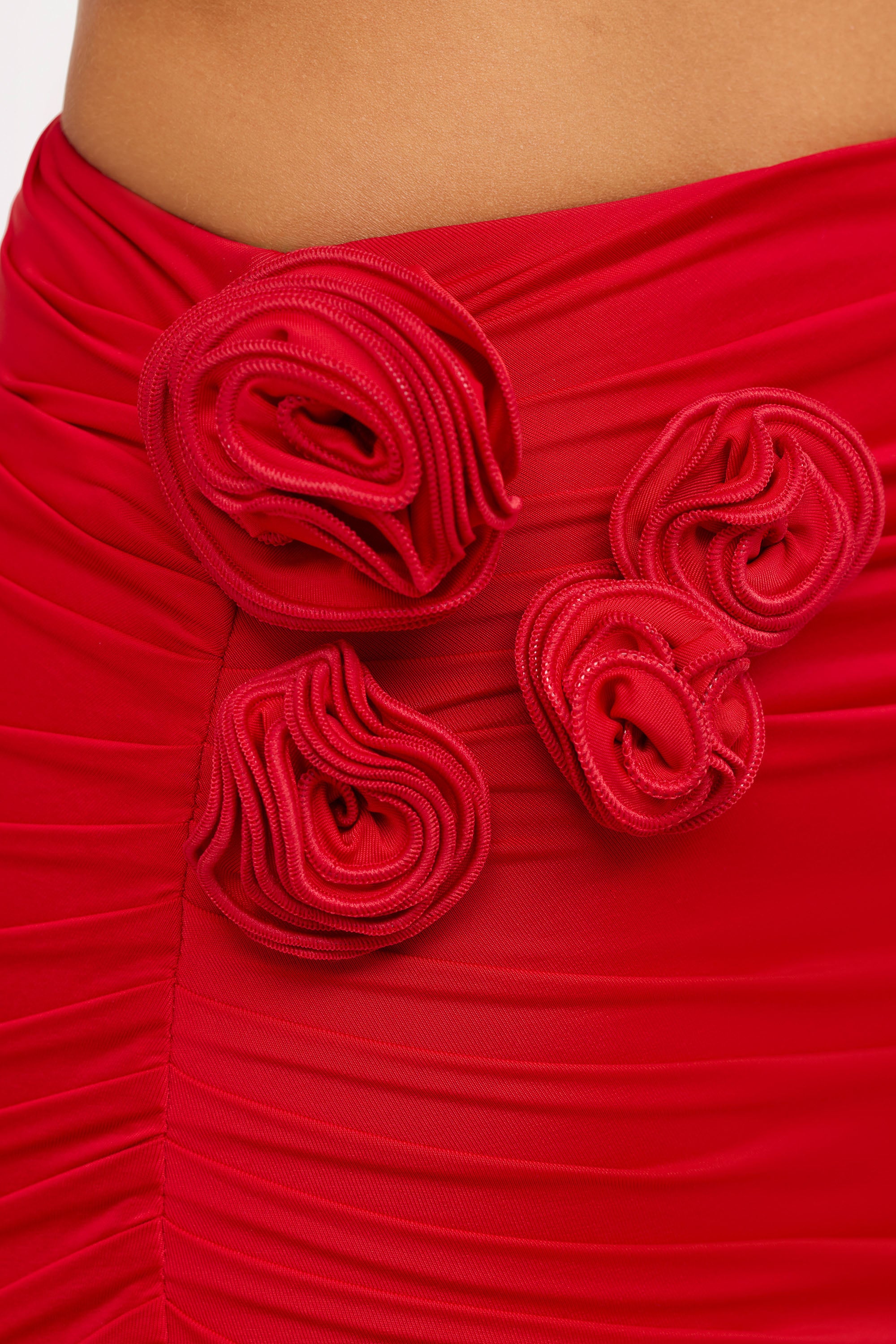 Slinky Jersey Rose Detail Mid-Rise Maxi Skirt in Scarlet Red