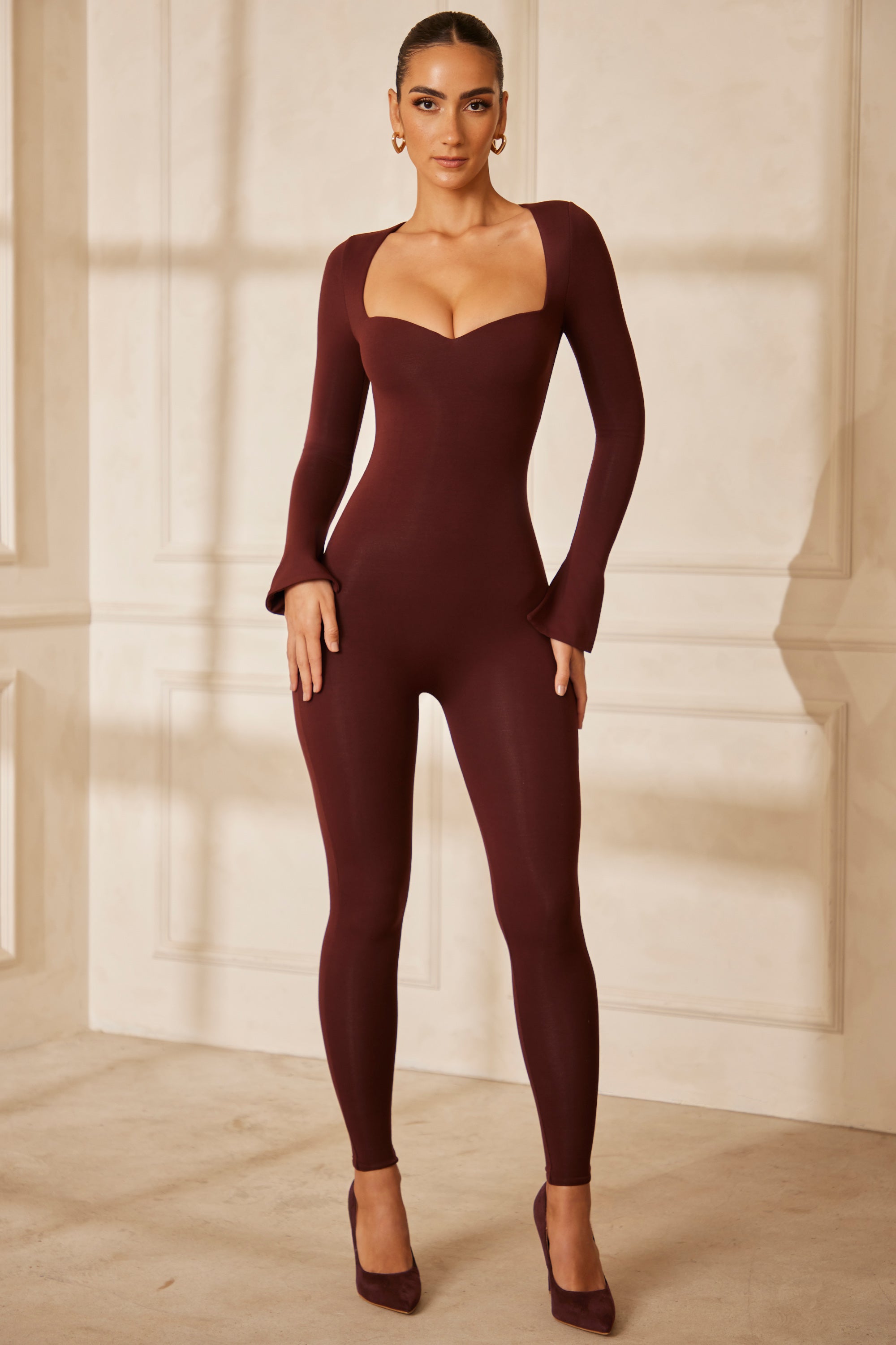 Sweetheart Neckline Long Sleeve Jumpsuit in Brown