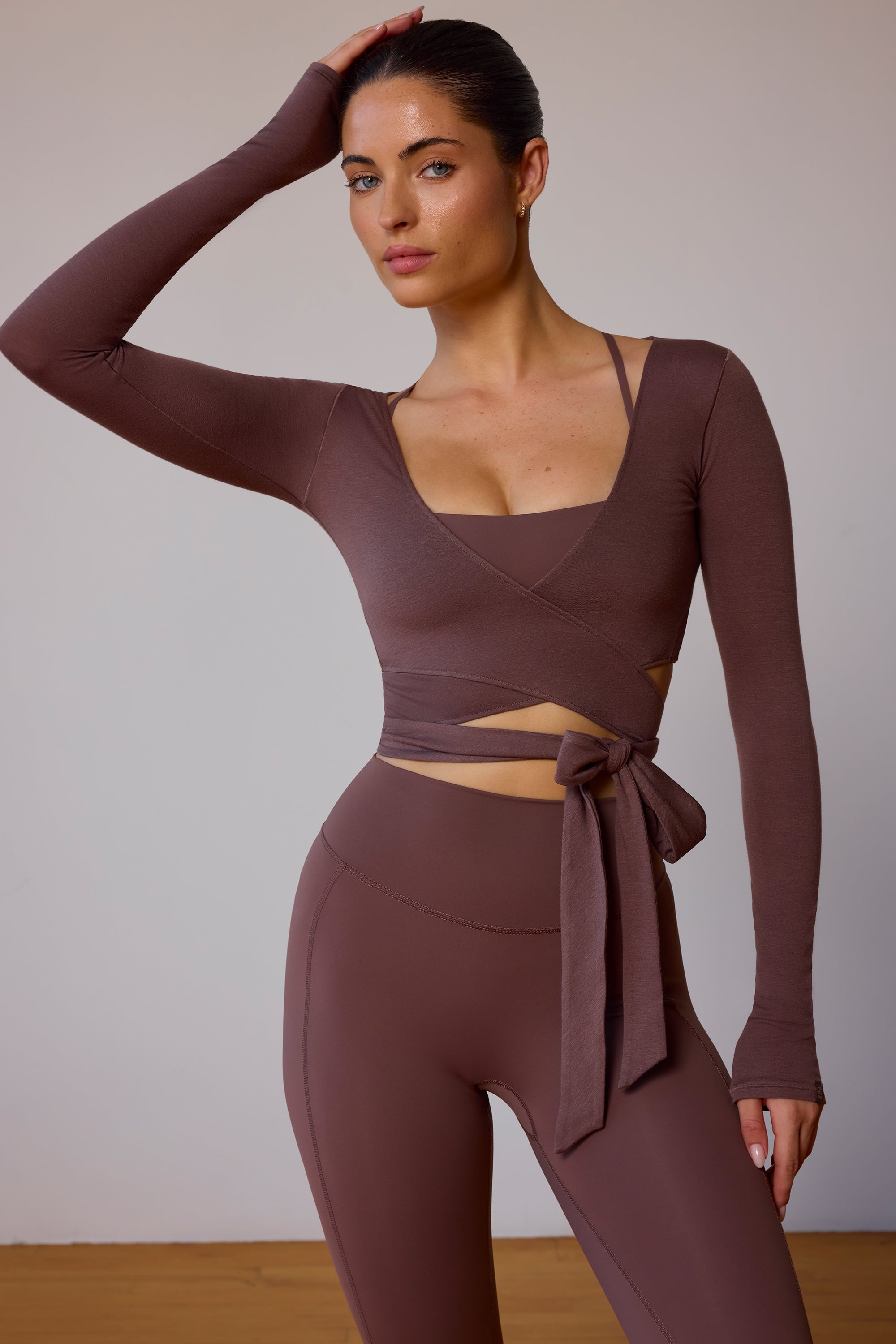 Long-Sleeve Wrap Crop Top in Taupe Brown