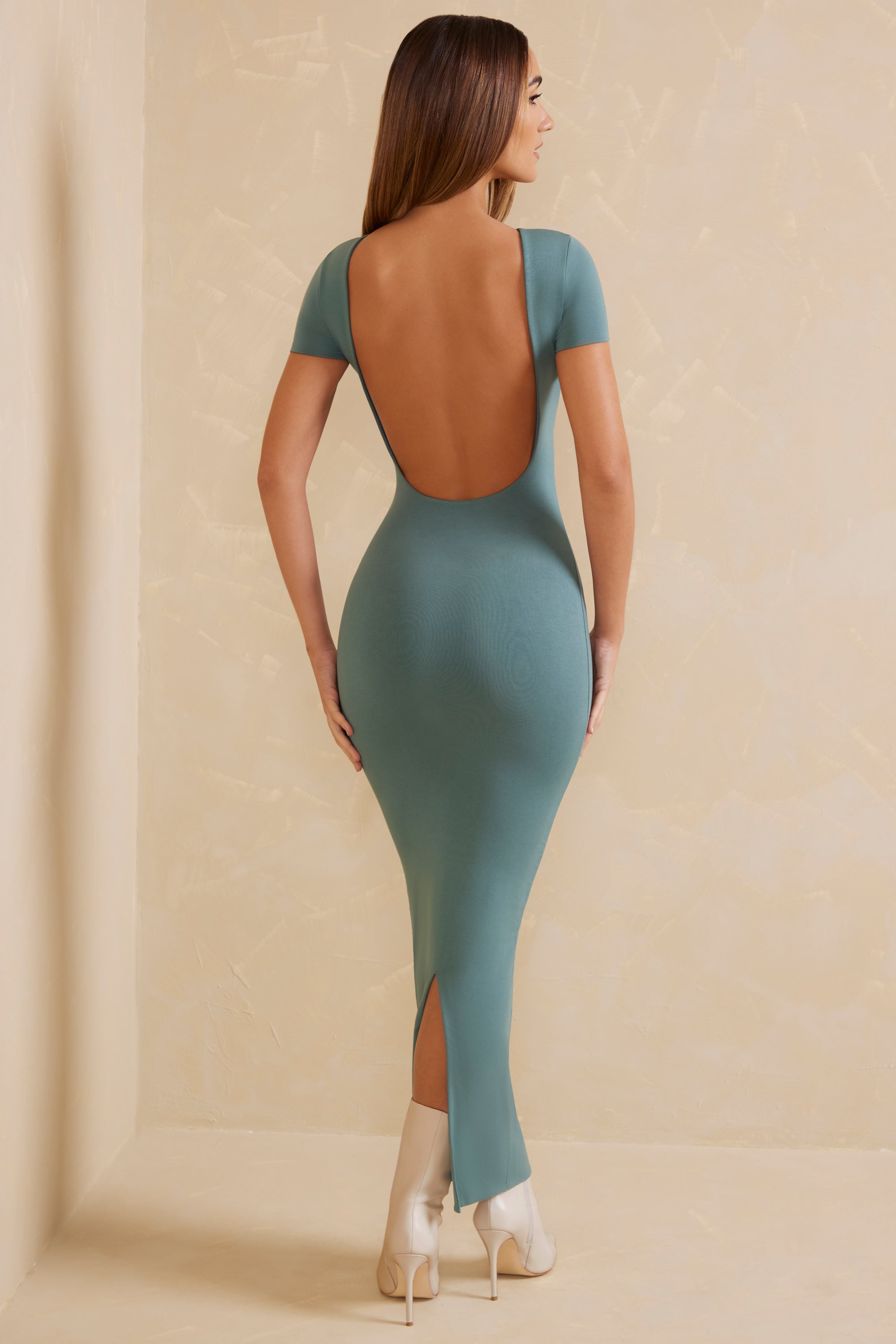 Cap Sleeve Open Back Maxi Dress in Teal