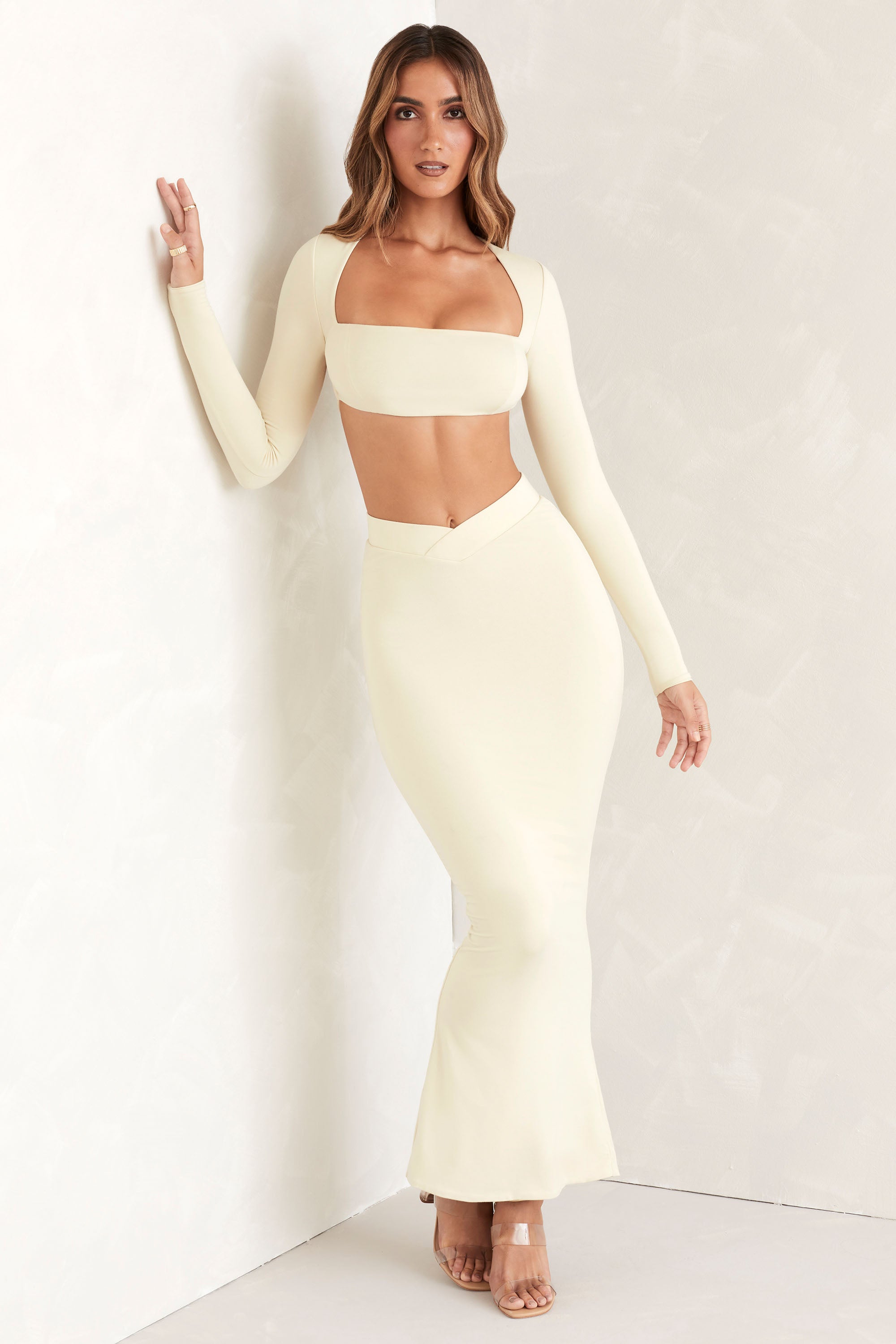 Cut Out Back Long Sleeve Crop Top in Ivory