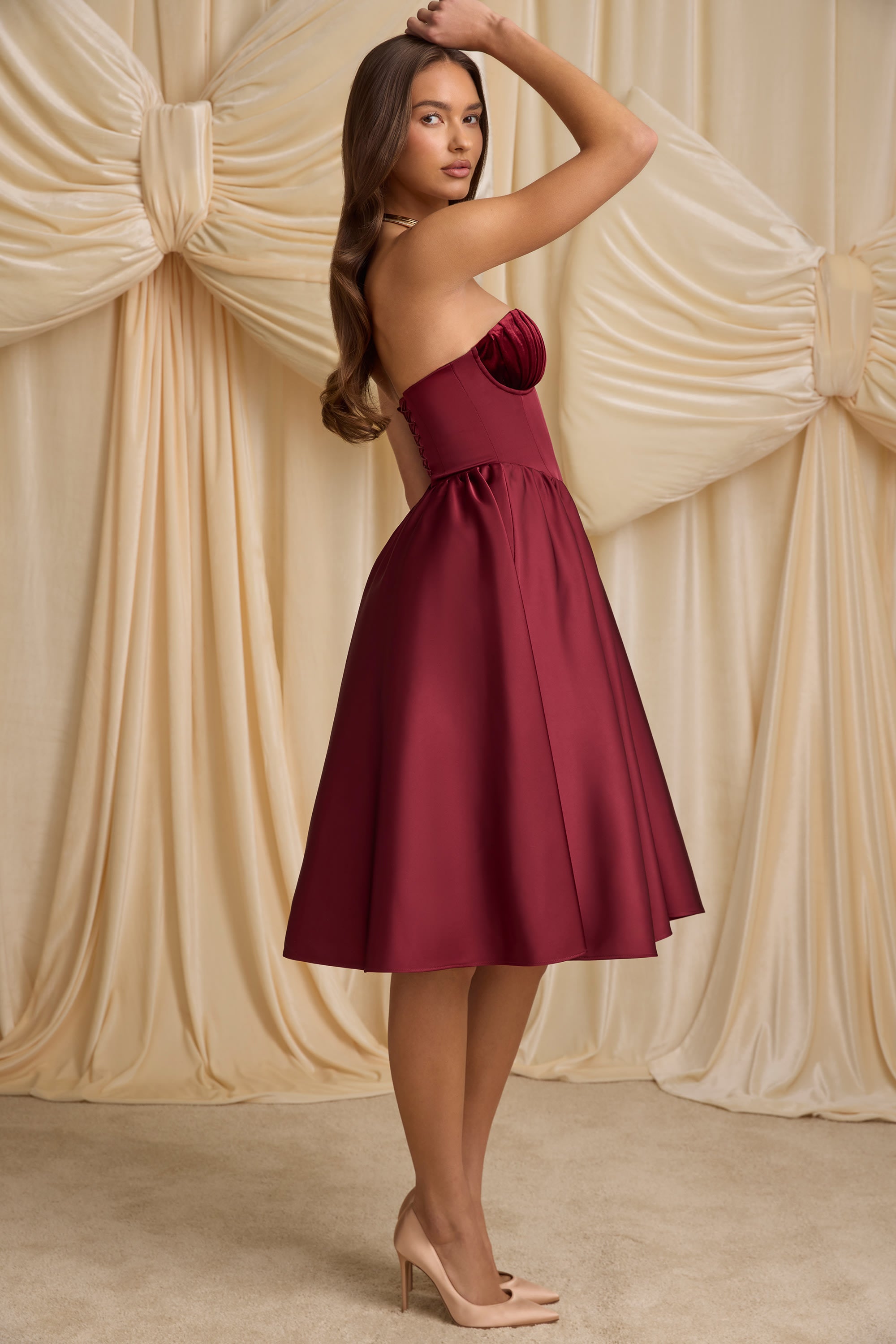 Strapless Corset Midi Dress in Wine Red