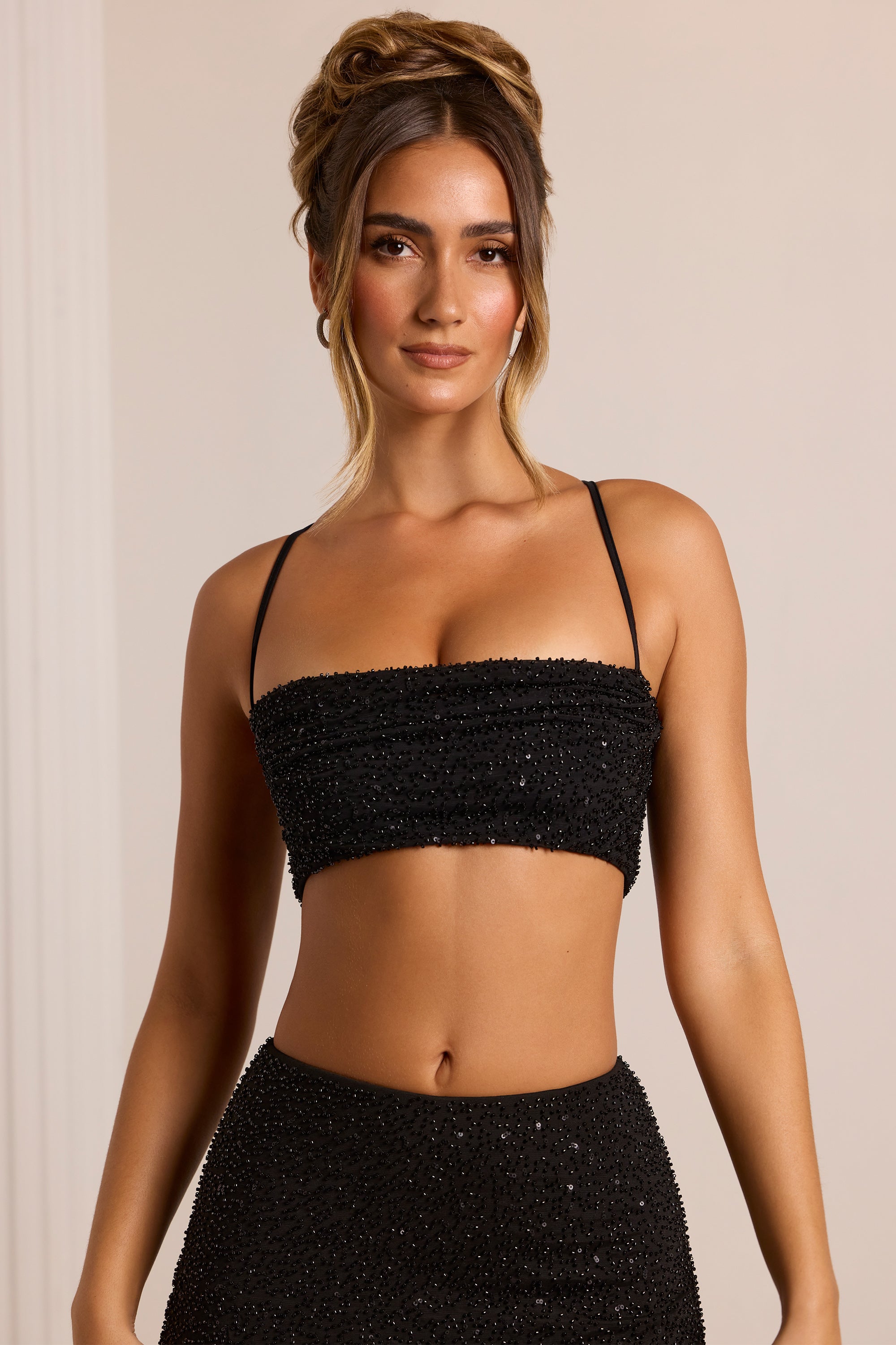 Embellished Cross Back Crop Top in Black