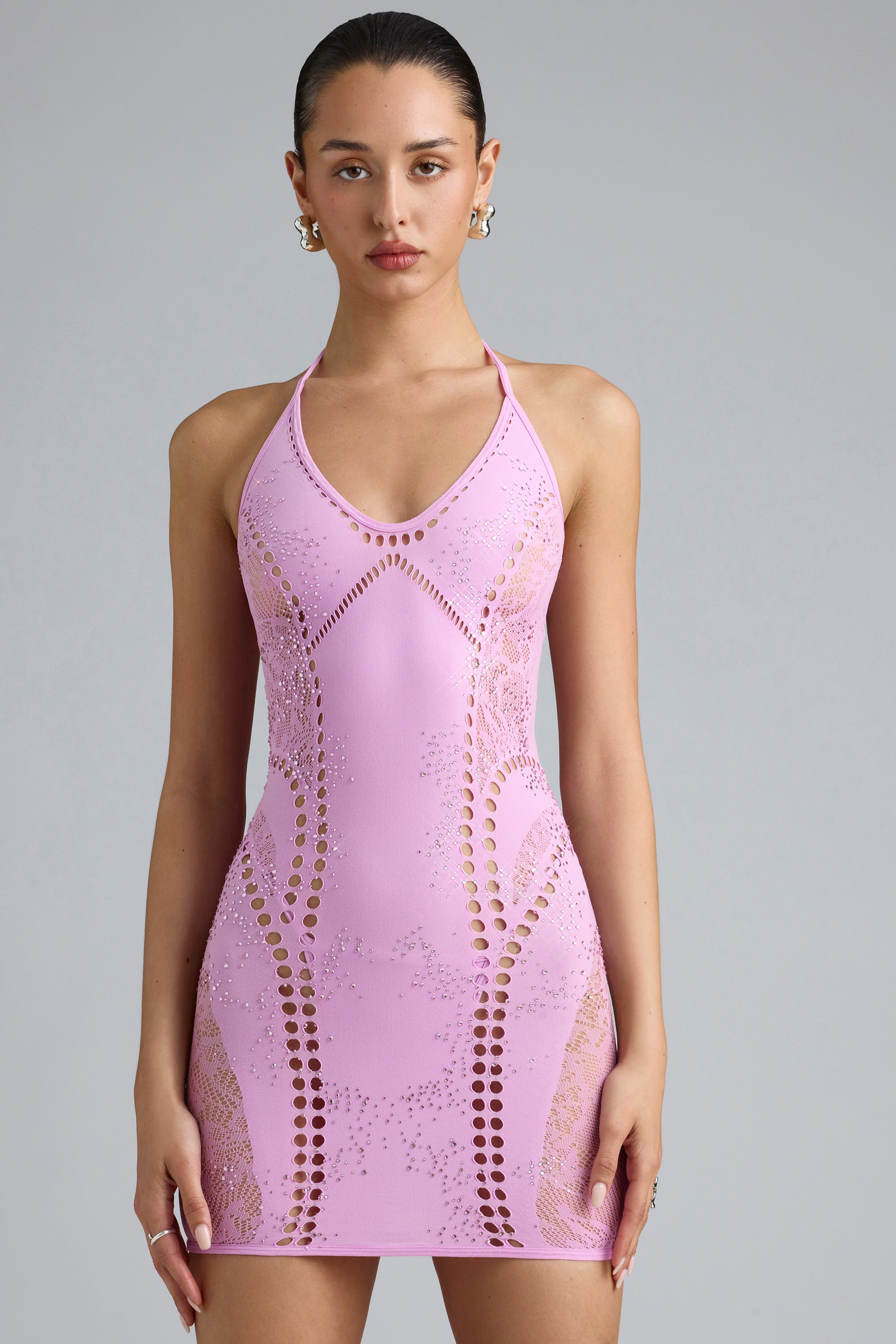 Embellished Halterneck Mini Dress in Violet Pink