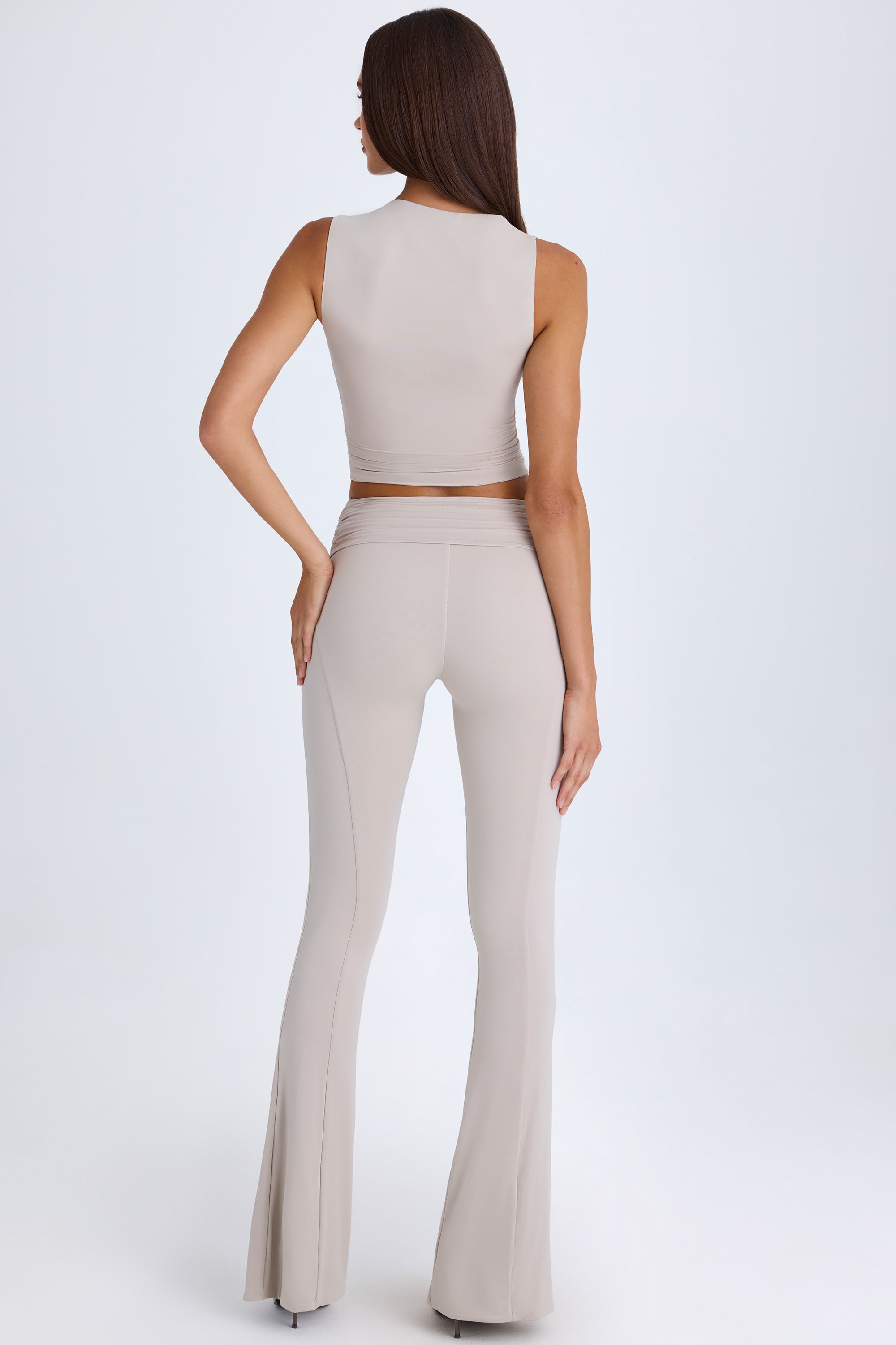 Petite Foldover Flared Trousers in Taupe