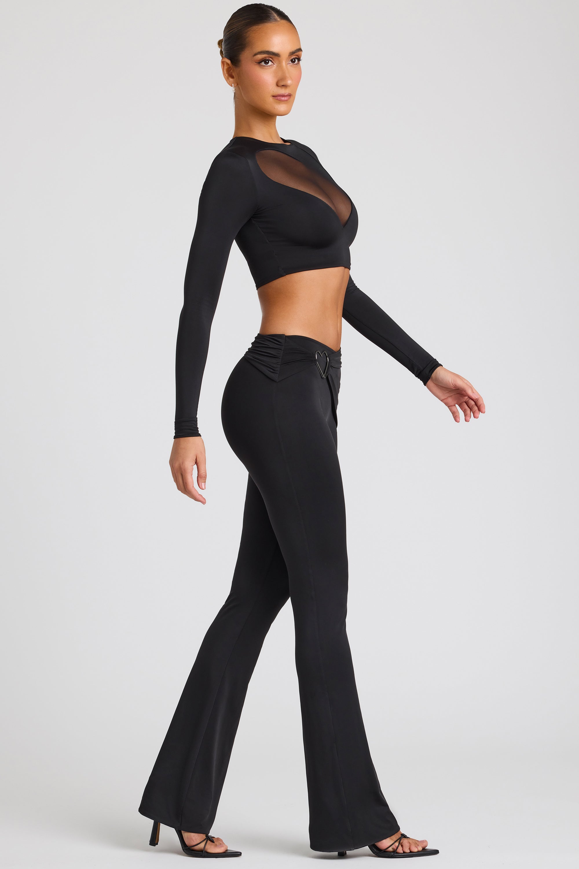 Petite Draped Detail Straight Leg Trousers in Black