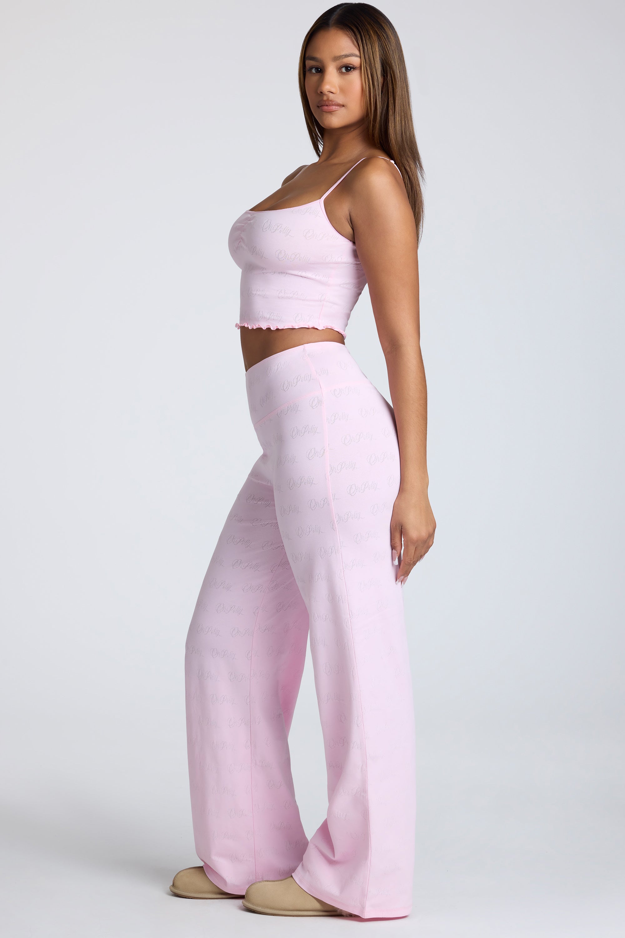 Tall Mid Rise Straight Leg Pointelle Trousers in Baby Pink