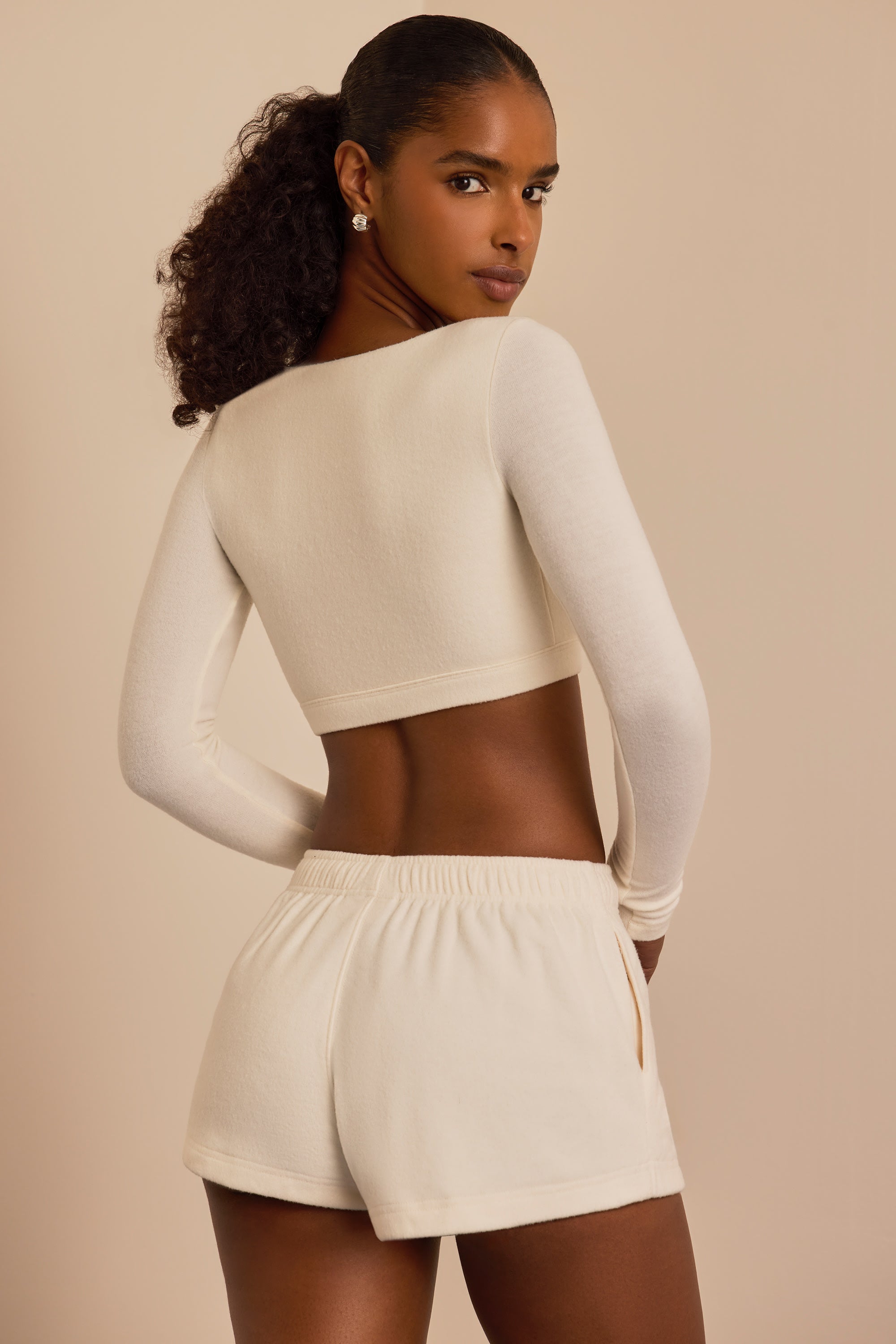 Brushed Jersey Wrap Crop Top in Ecru