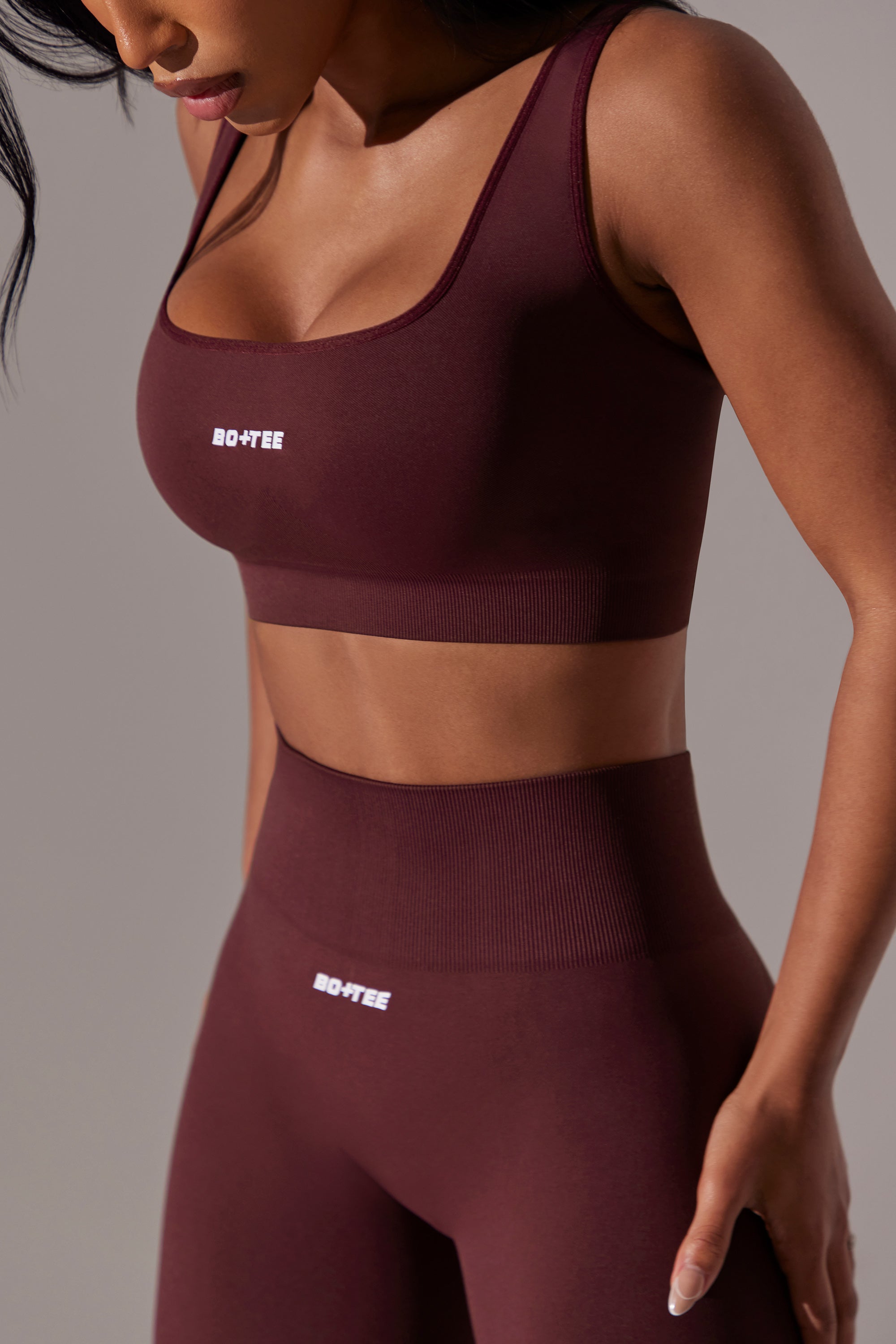 Open Back Square Neck Sports Bra in Burgundy