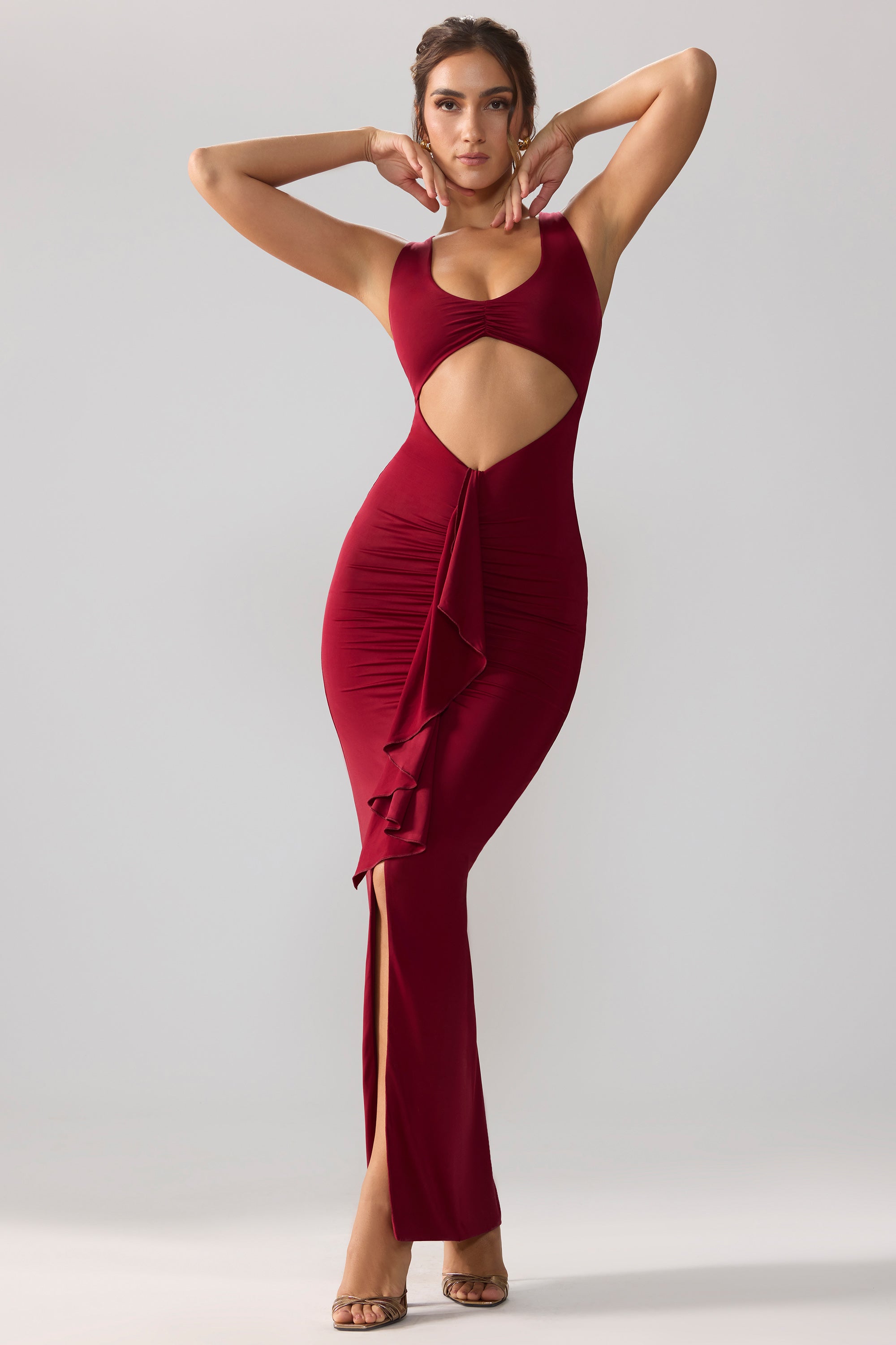 Slinky Jersey Cut Out Ruffle Racerback Maxi Dress in Ruby