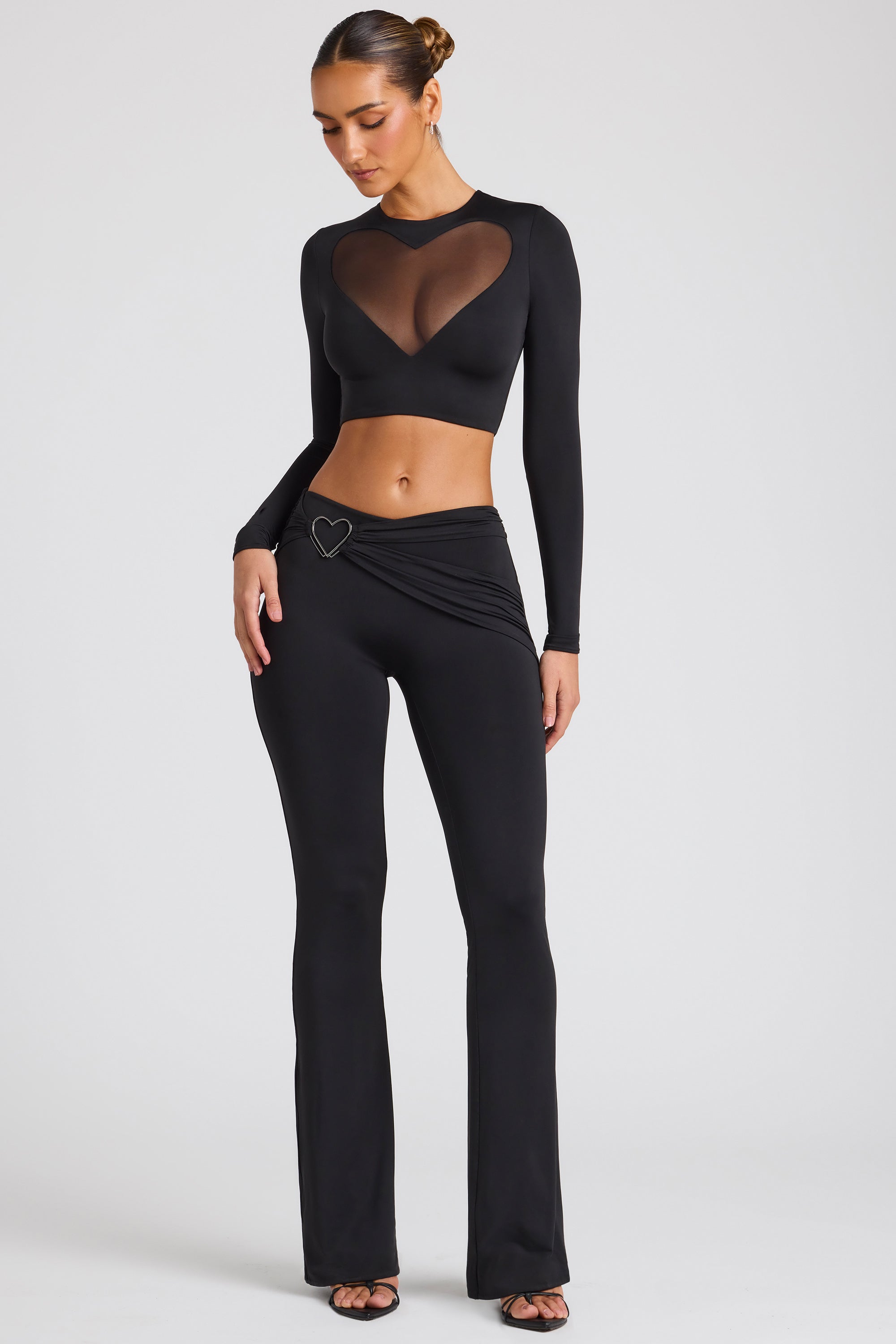 Petite Draped Detail Straight Leg Trousers in Black