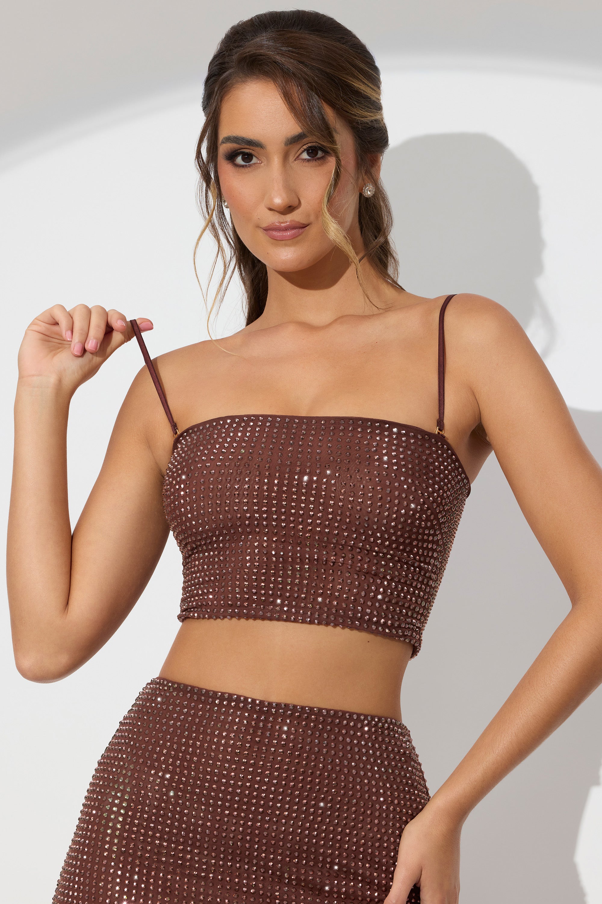 Embellished Strapless Crop Top in Espresso