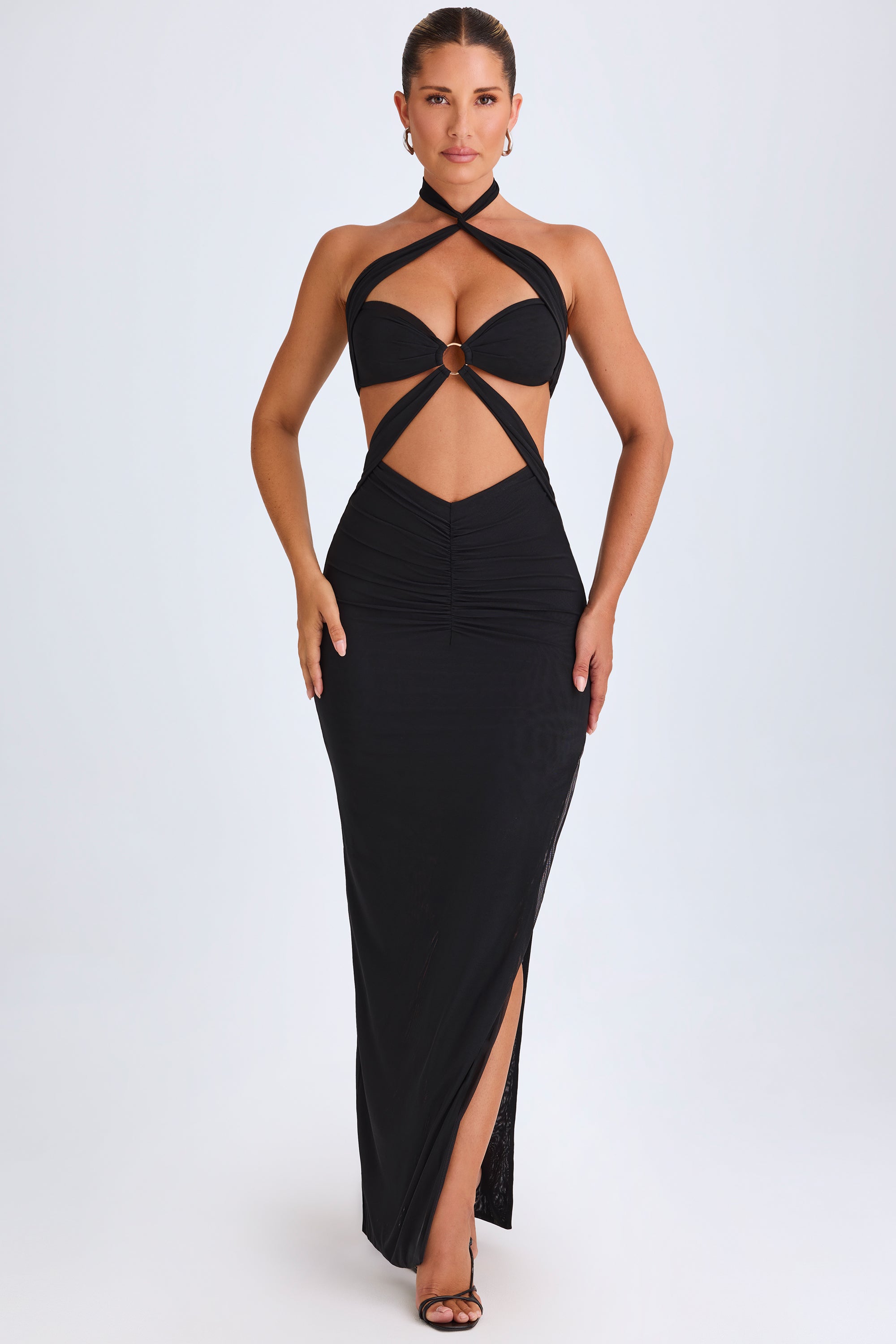 Hardware Detail Cut-Out Halterneck Maxi Dress in Black