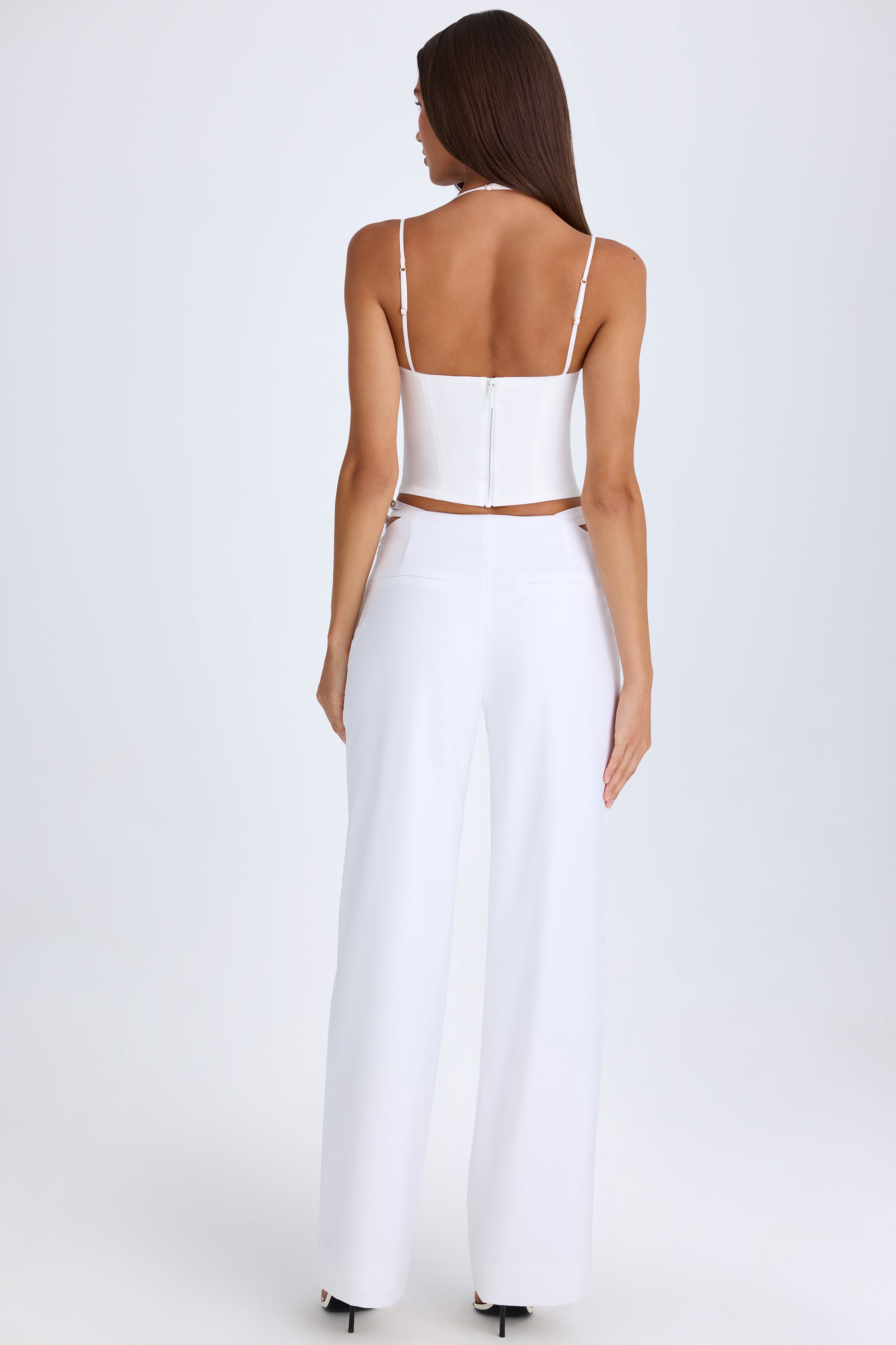 Petite Belted Cut-Out Wide-Leg Trousers in White