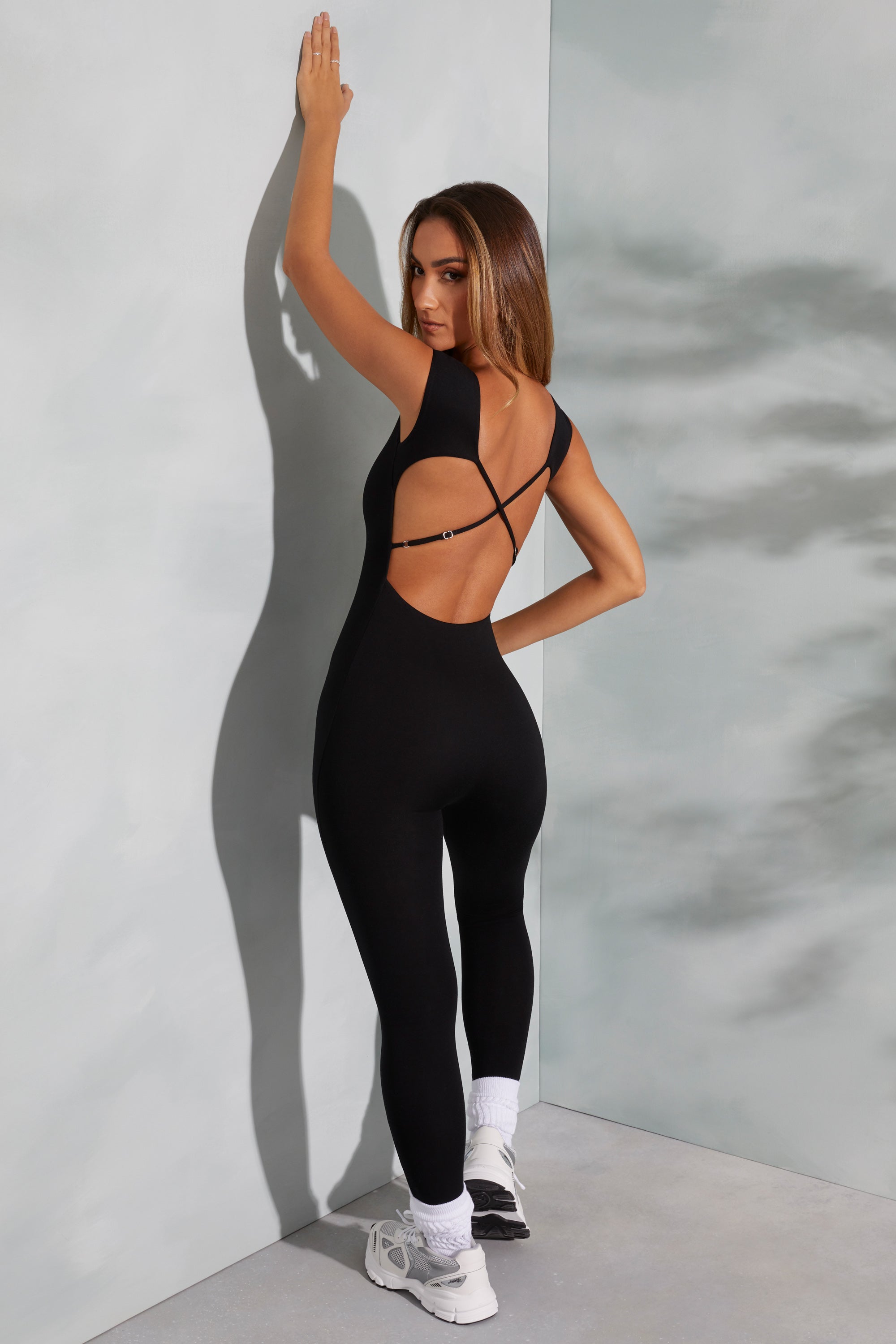 Open Back Scoop Neck Jumpsuit in Black