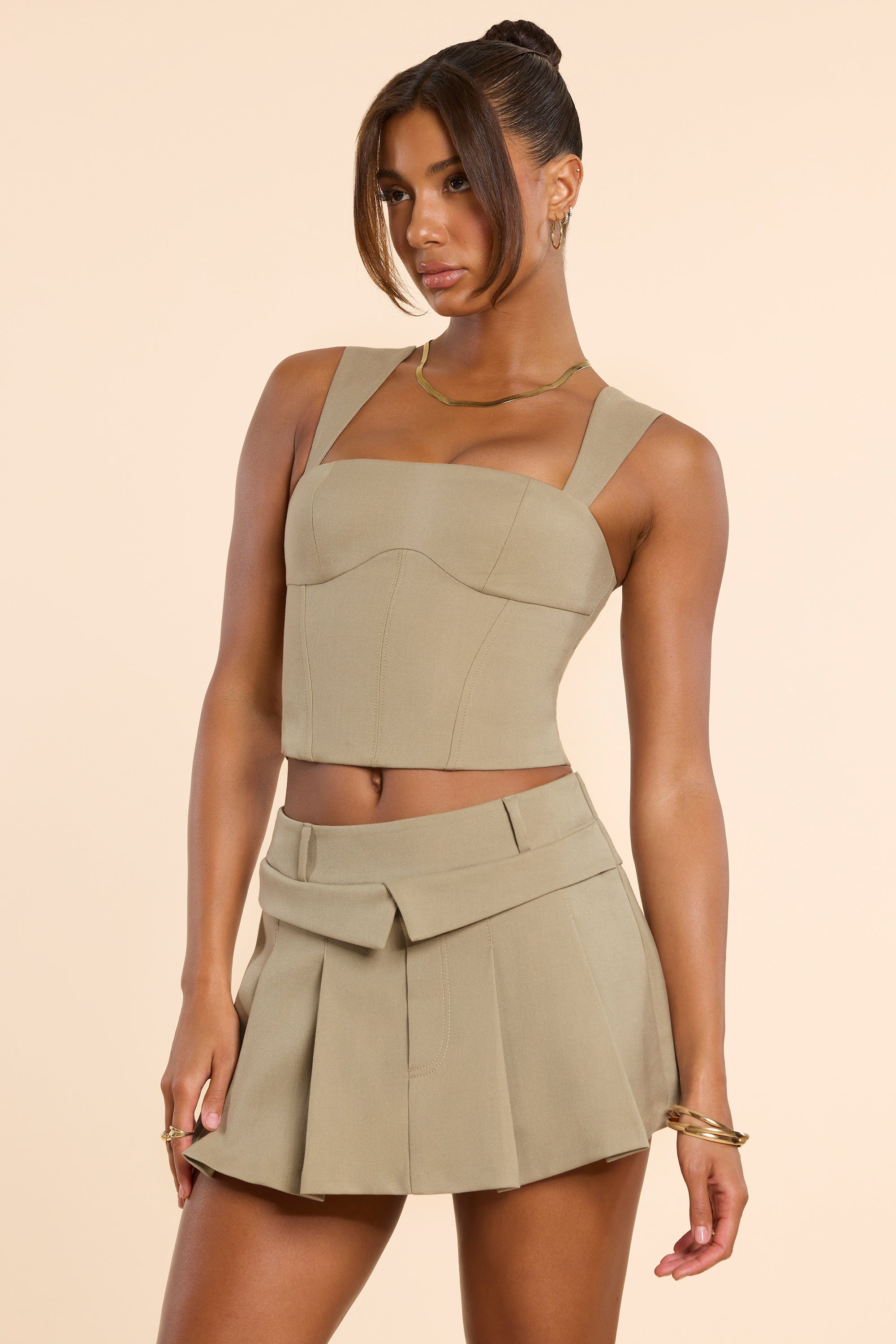 Brushed Twill Square Neck Tailored Top in Taupe