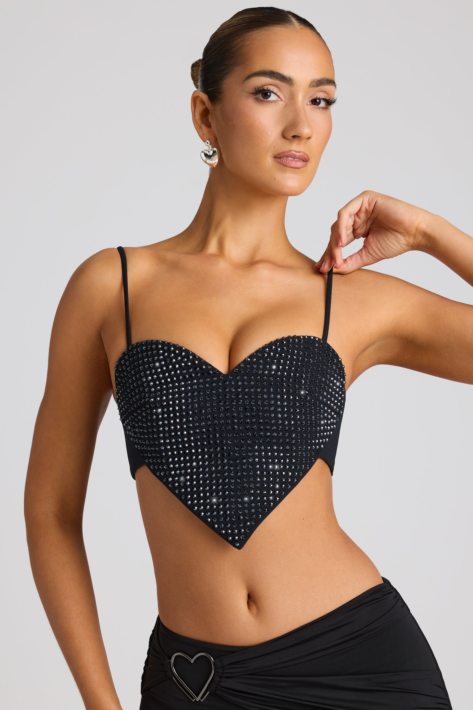 Embellished Heart Detail Crop Top in Black