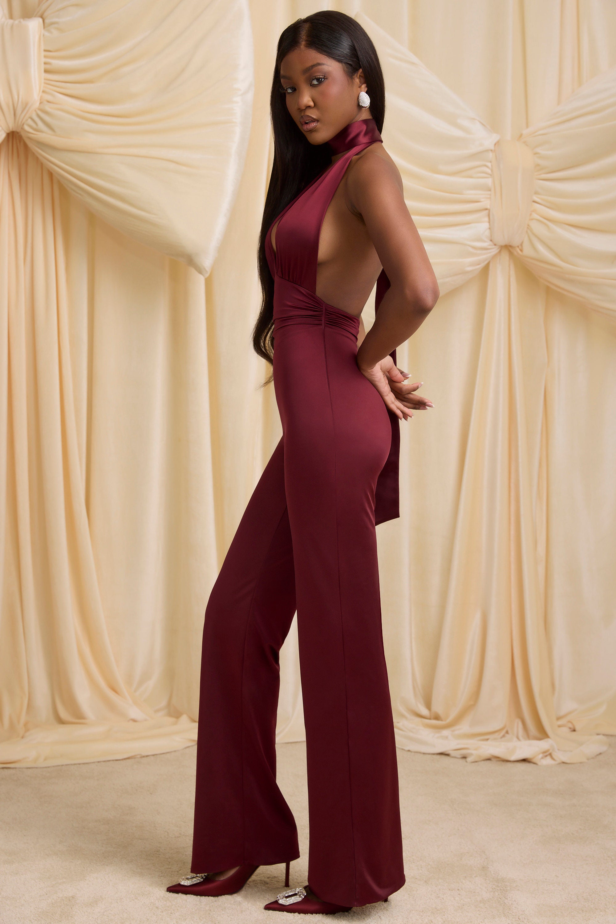 Tall Scarf-Detail Halterneck Jumpsuit in Wine Red